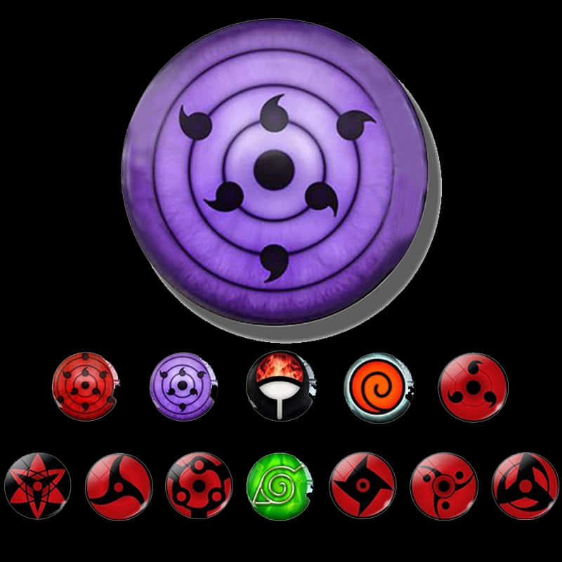 Sharingan Eyes 桌布 壁紙 — 一個巨大的紫色輪迴眼符號主導著黑色背景上十個較小的動漫風格眼睛封印的網格。