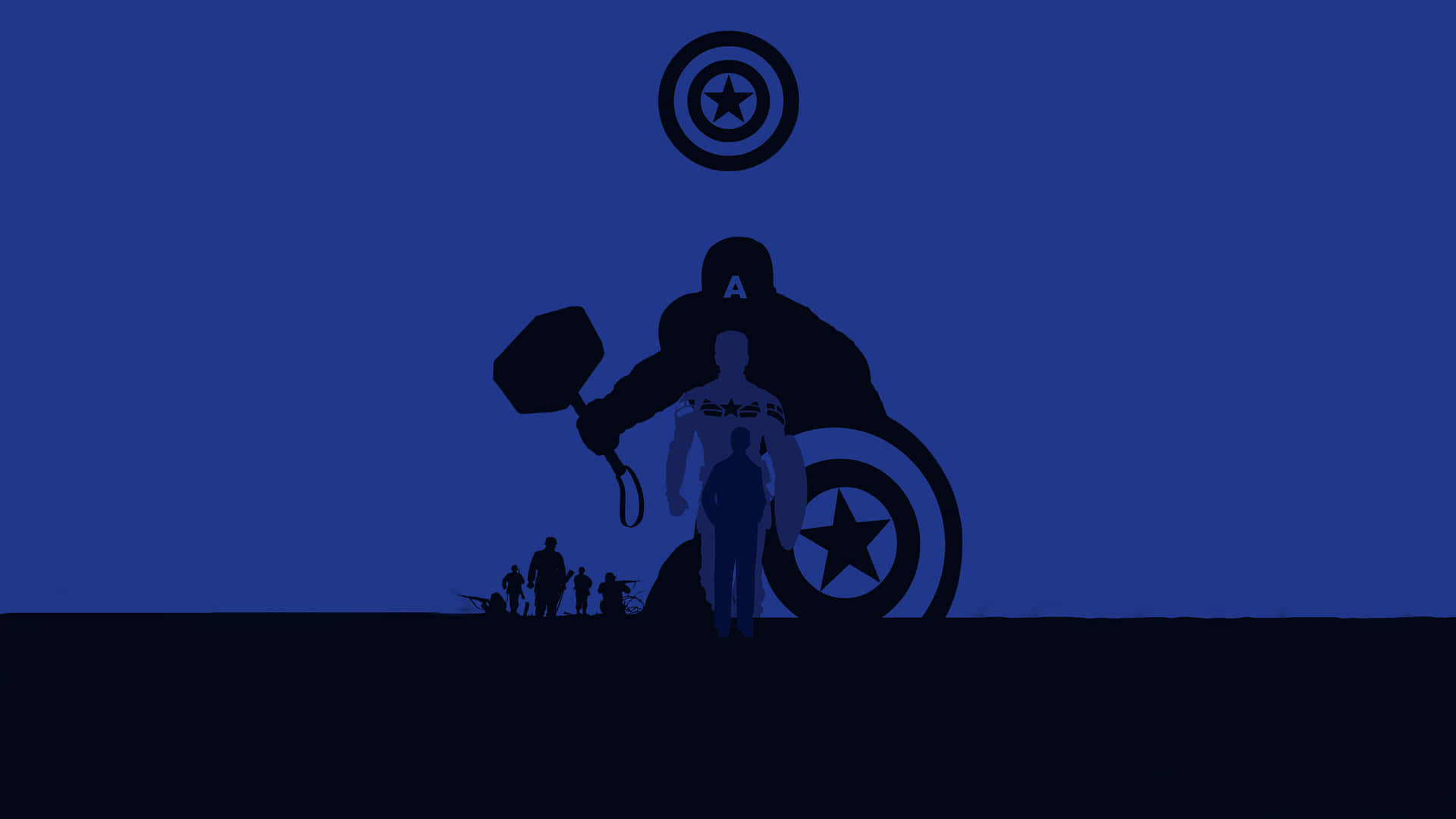 Marvel Aesthetic Laptop 桌布 壁紙 — 一個巨大的美國隊長剪影，手持雷神之鎚和盾牌，背景是深藍色的夜空，下方有細小的士兵。