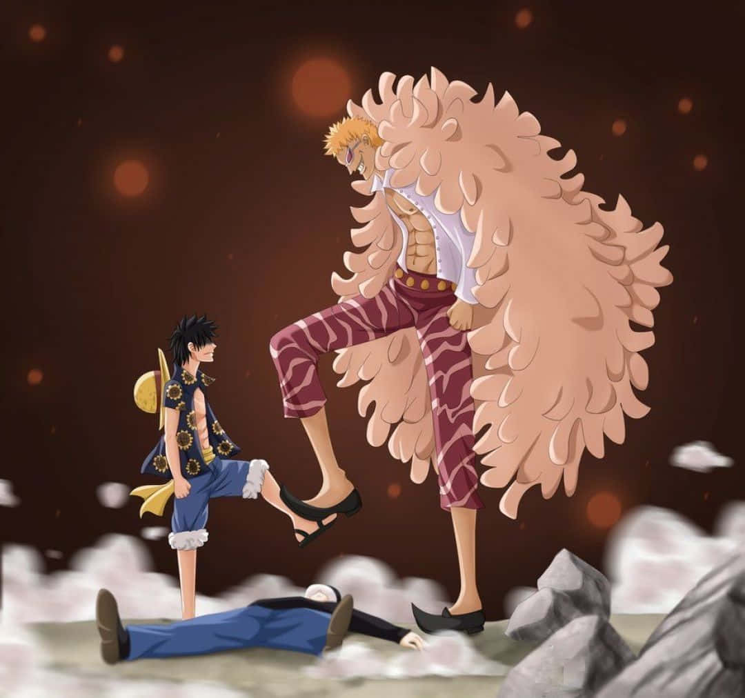 Donquixote Doflamingo 桌布 壁紙 — 一個巨大的羽毛動漫角色聳立在一個站著的男孩和一個倒下的男人之上，他們站在一個岩石雲平台上。
