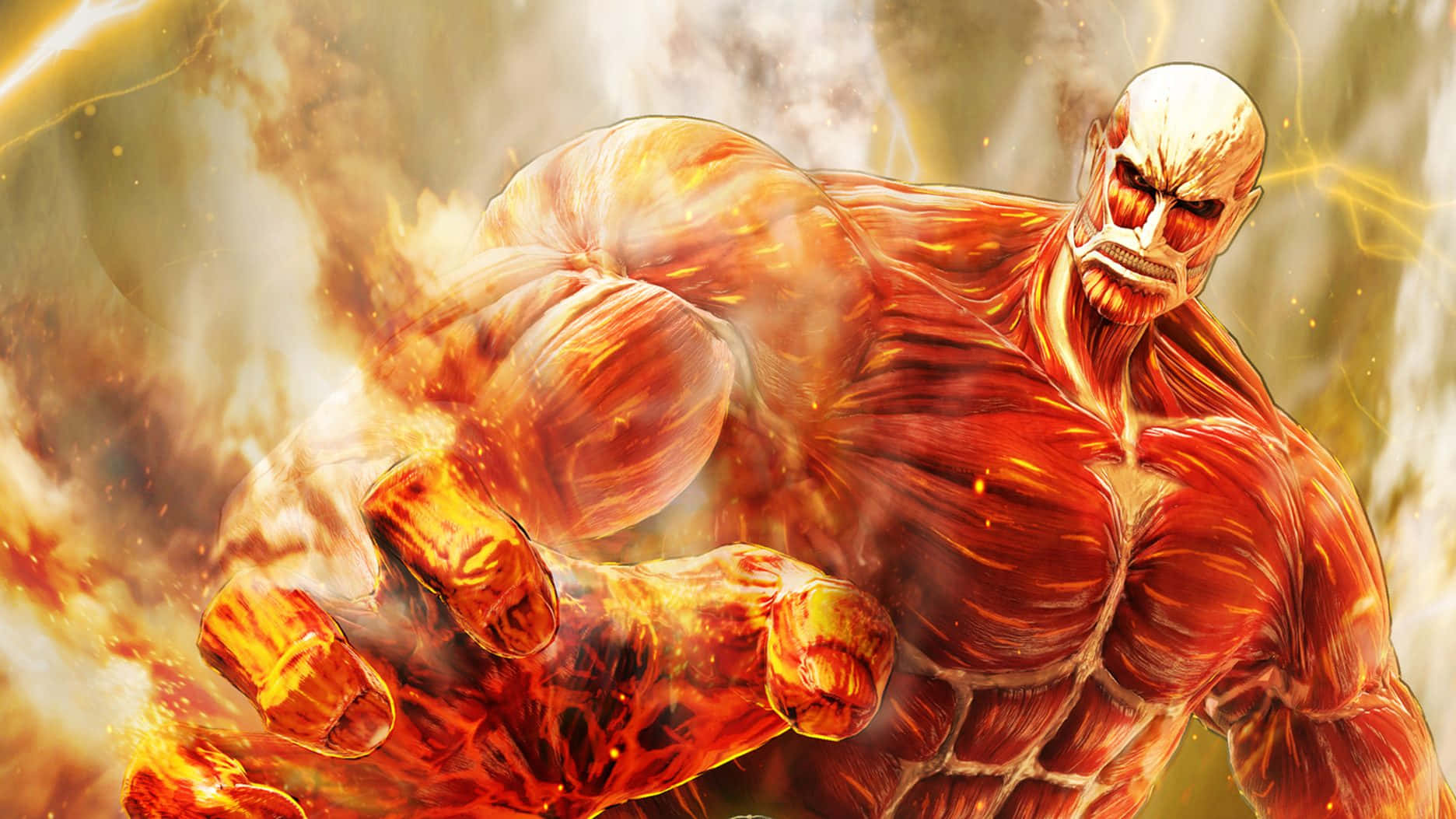 Aot 2 Final Battle 桌布 壁紙 — 一個巨大的肌肉巨人，散發著熾熱的紅色眼睛和火焰光環，在旋轉的火焰和煙霧中握緊拳頭向前衝刺。