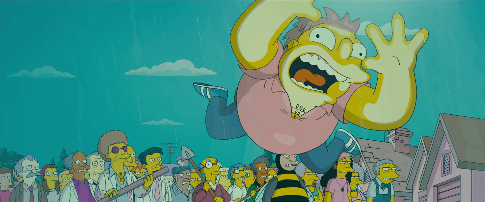 Simpsons Aesthetic 桌布 壁紙 — 一個巨大的荷馬·辛普森在恐懼中尖叫，雨水落在下方一群春田鎮居民身上。