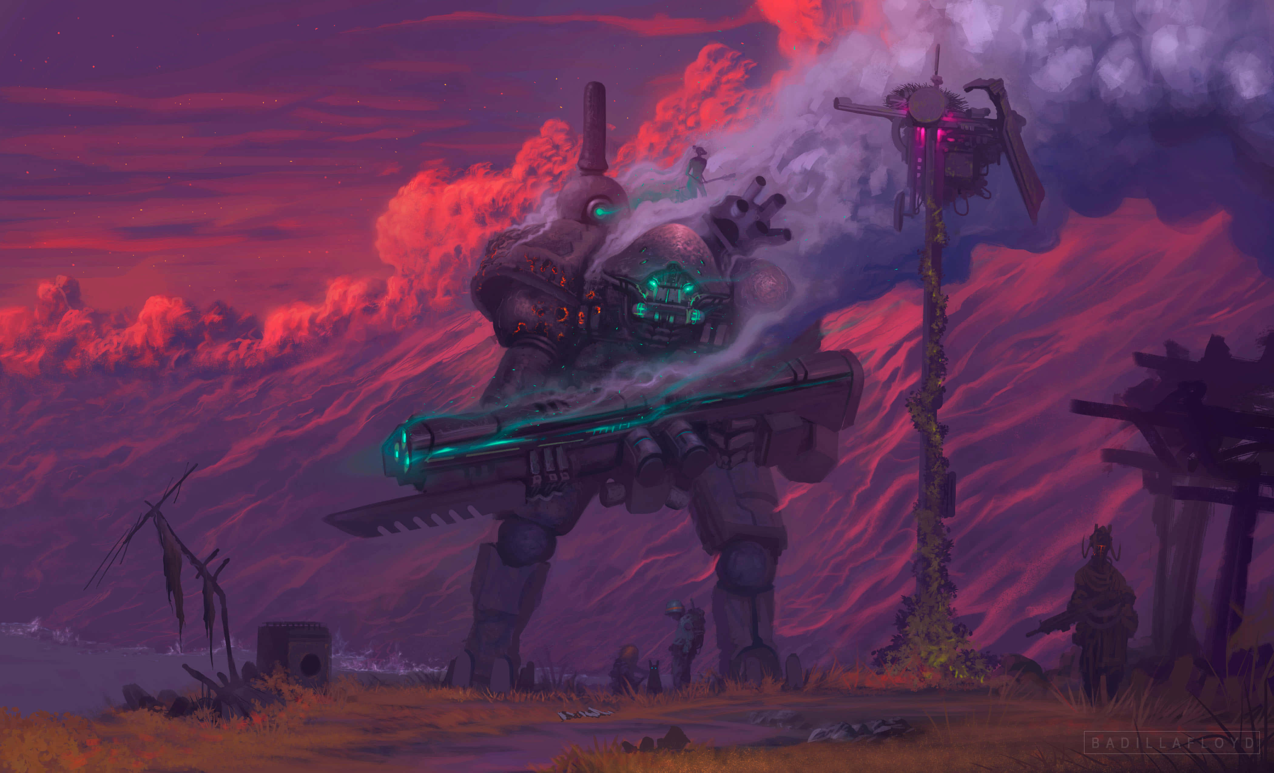 robots 桌布 壁紙 — 一個巨大的蒸氣龐克機甲，擁有發光的綠色眼睛和雷射炮，矗立在廢墟景觀中，背景是火紅和紫色的日落天空。