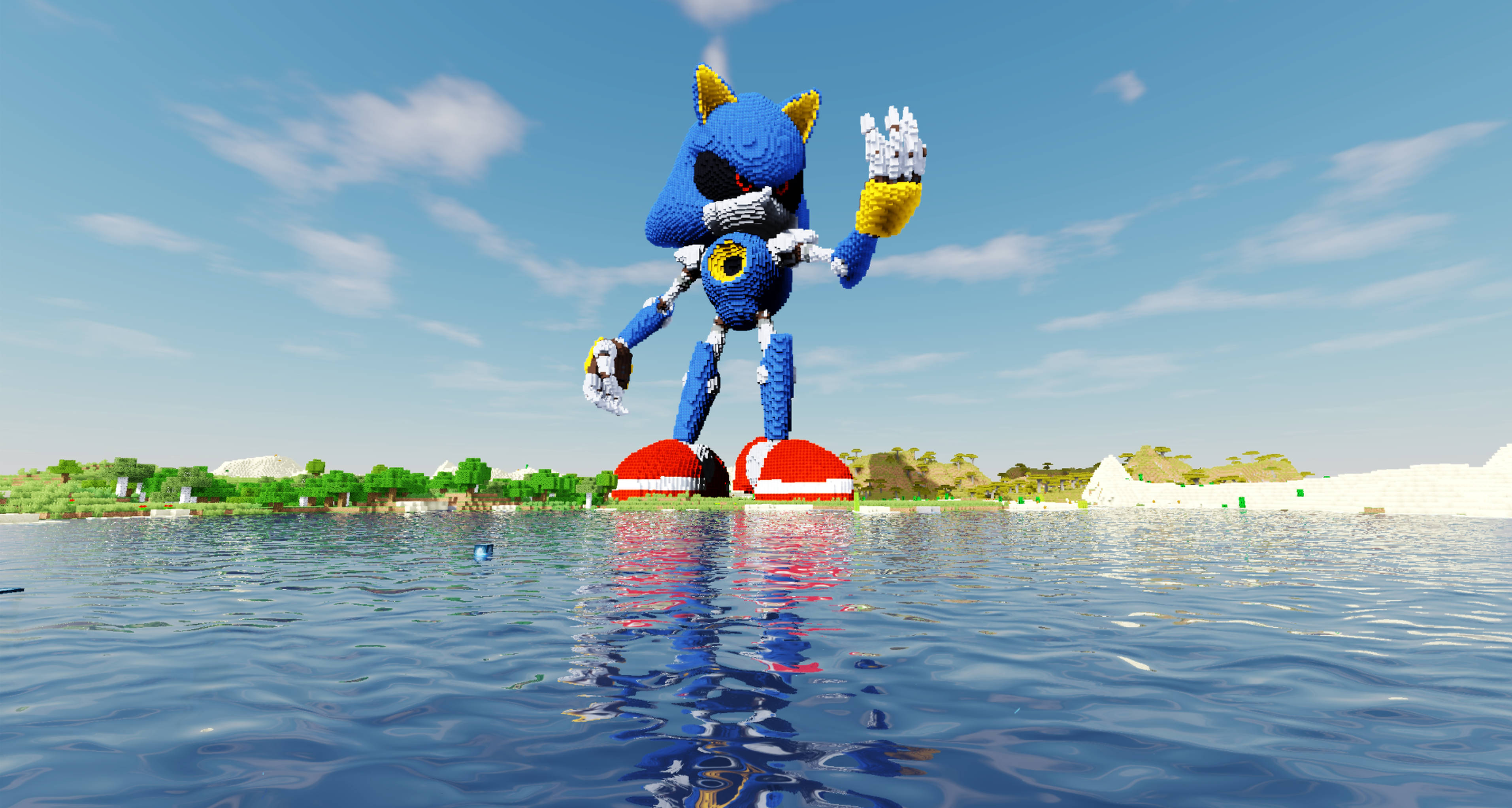 metal 桌布 壁紙 — 一個巨大的藍色LEGO Sonic the Hedgehog 站在紅白相間的鞋子上，身處平靜的水中，頭頂是明亮的藍天，散佈著幾朵雲。
