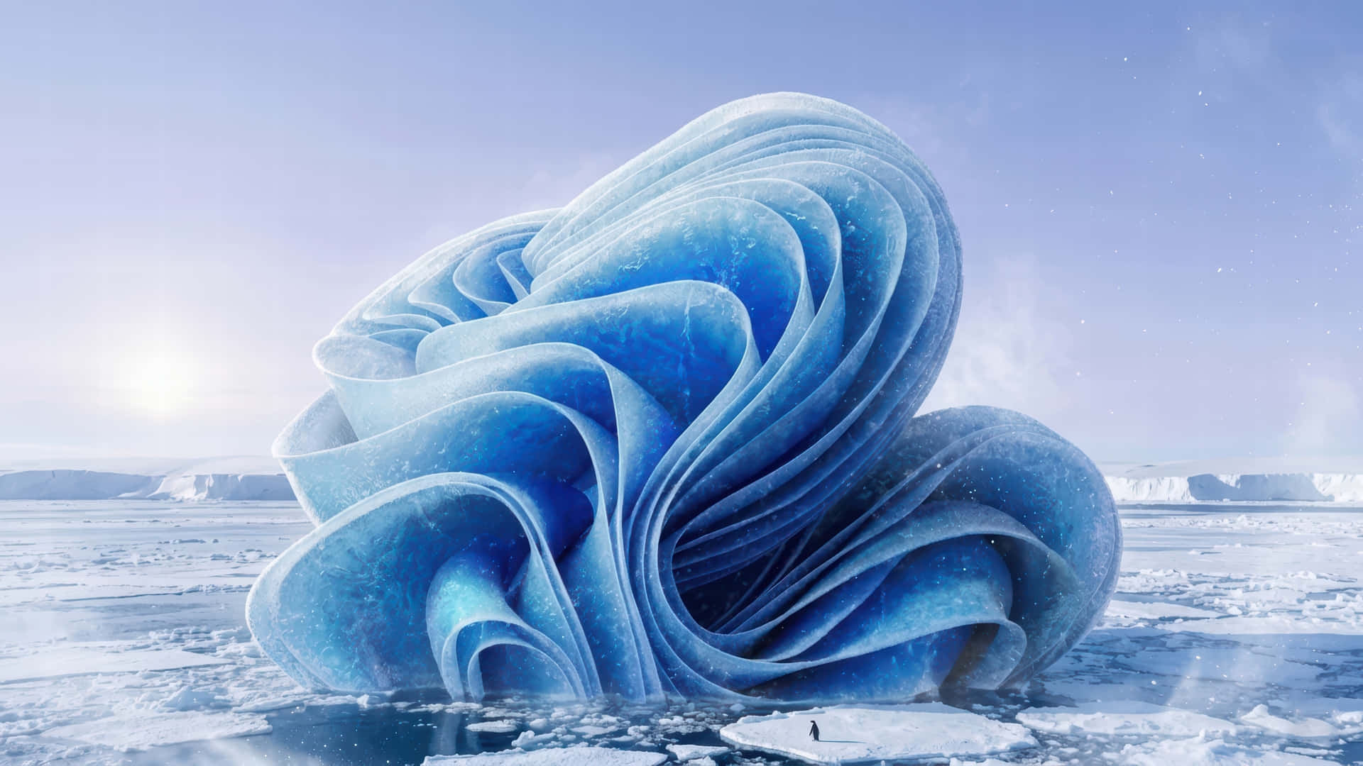 Iceberg Bloom modded wallpaper for desktop Enhancement, 壁紙 — 一個巨大的藍色冰雕從冰封的海洋中升起，蒼白的天空下，附近站著一個孤獨的身影。