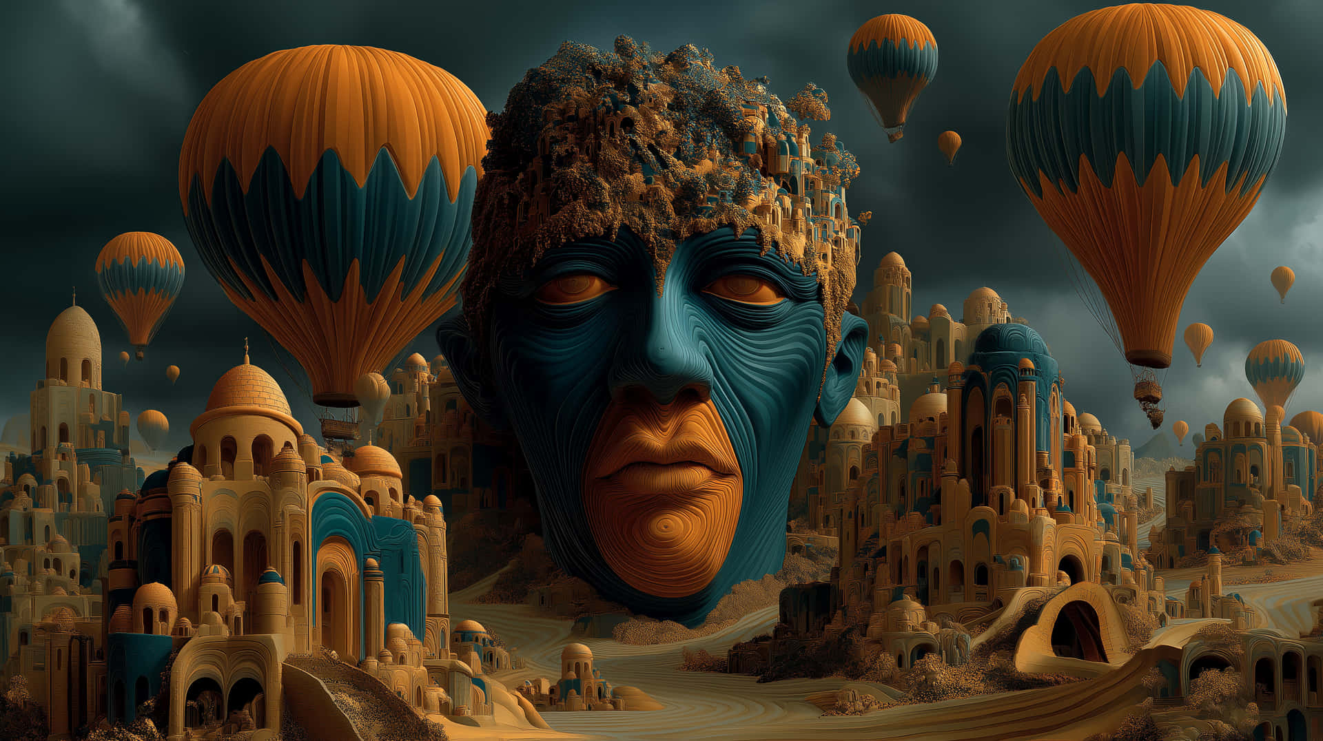 Abstract Surreal Head in Whimsical Landscape with Balloons 壁紙 — 一個巨大的藍色和橙色面孔從沙漠城市中浮現，熱氣球在暴風雨的天空中飄蕩。