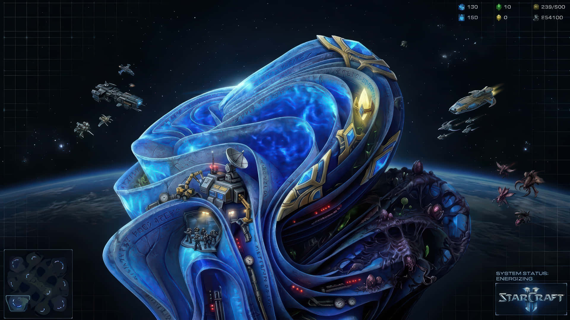 Starcraft 2 Bloom modded wallpaper for desktop Enhancement 壁紙 — 一個巨大的藍色和金色外星結構在太空中螺旋，船隻和生物在下方行星周圍運行。