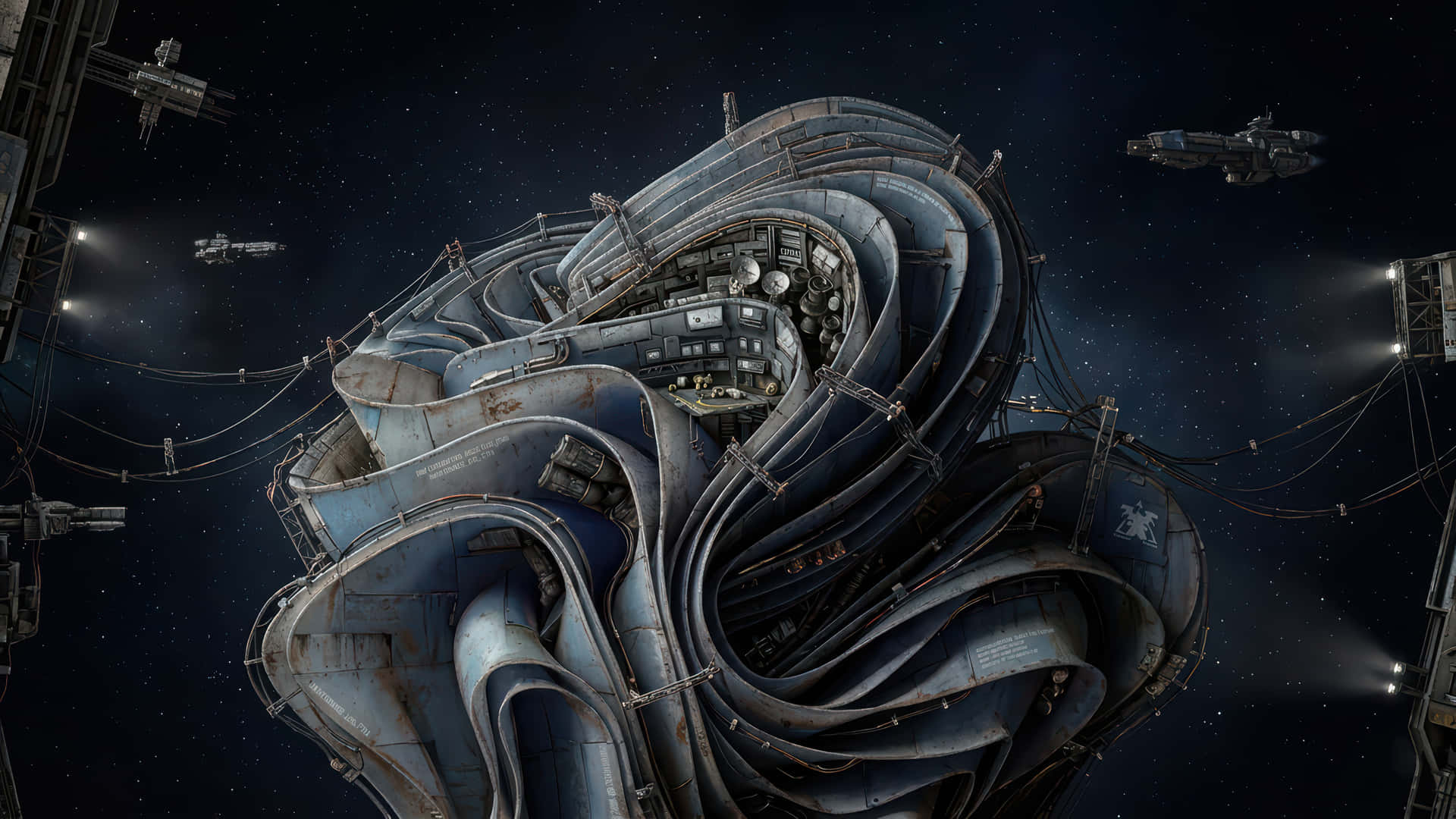 Starcraft Terrains Bloom modded wallpaper for desktop Enhancement 壁紙 — 一個巨大的螺旋形太空站，帶有生鏽的金屬管和發光的窗戶，漂浮在星空中，周圍有戰鬥機。