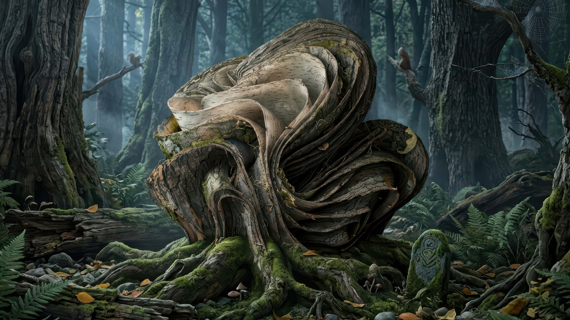 Abandoned forest Bloom modded wallpaper for desktop Enhancement, 壁紙 — 一個巨大的螺旋形樹根結構主導著佈滿苔蘚、蕨類植物和落葉的迷霧森林地面。
