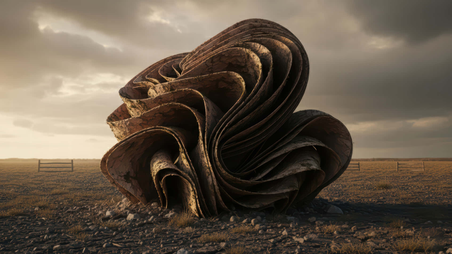 Bloom out of the soil modded wallpaper for desktop Enhancement, 壁紙 — 一個巨大的螺旋形生鏽金屬雕塑獨自矗立在陰天下的荒蕪田野中。