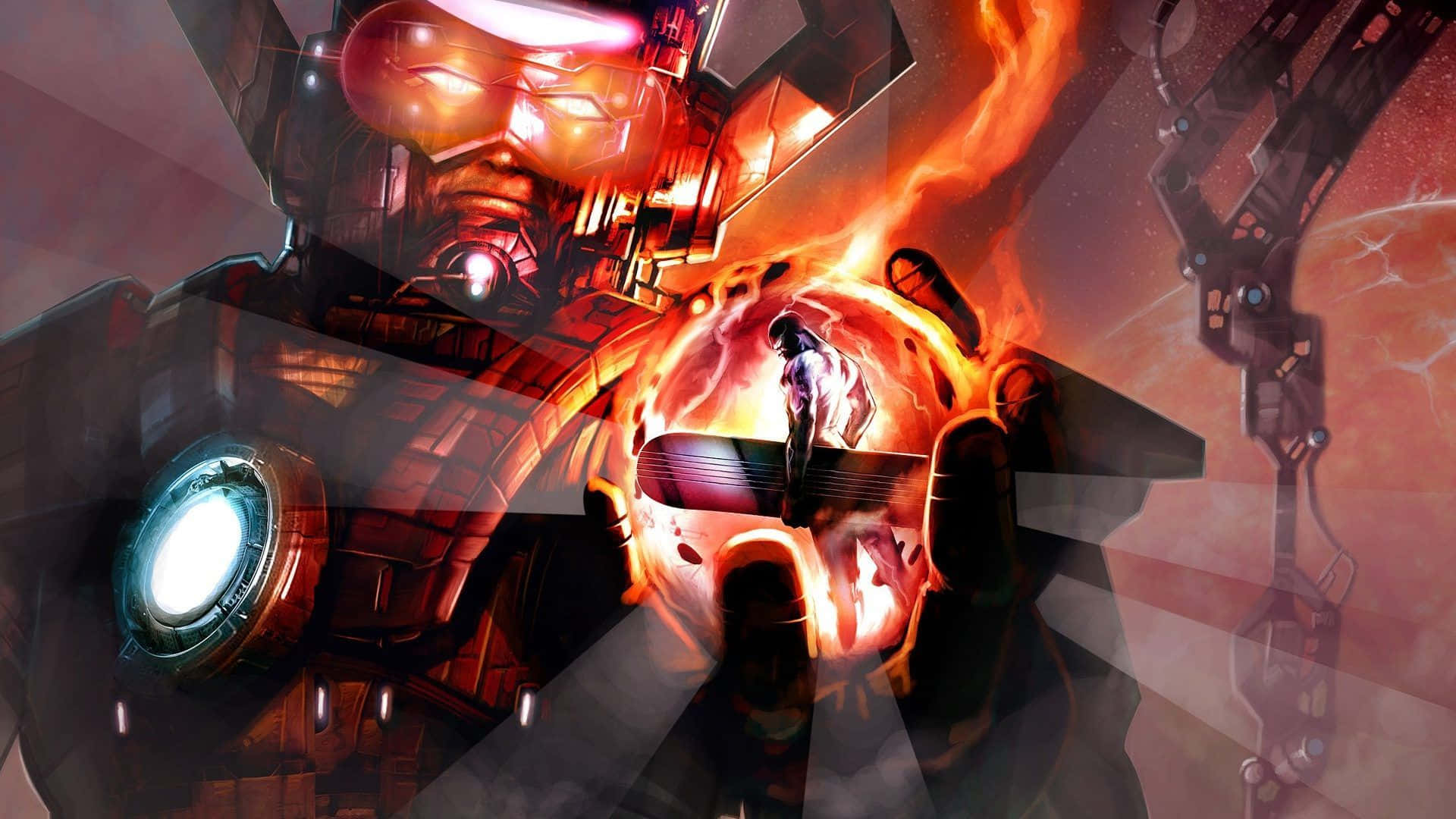 Galactus 桌布 壁紙 — 一個巨大的裝甲人物，眼睛發光，手持一個包含一個細小發光人形物體的火球，背景是宇宙。