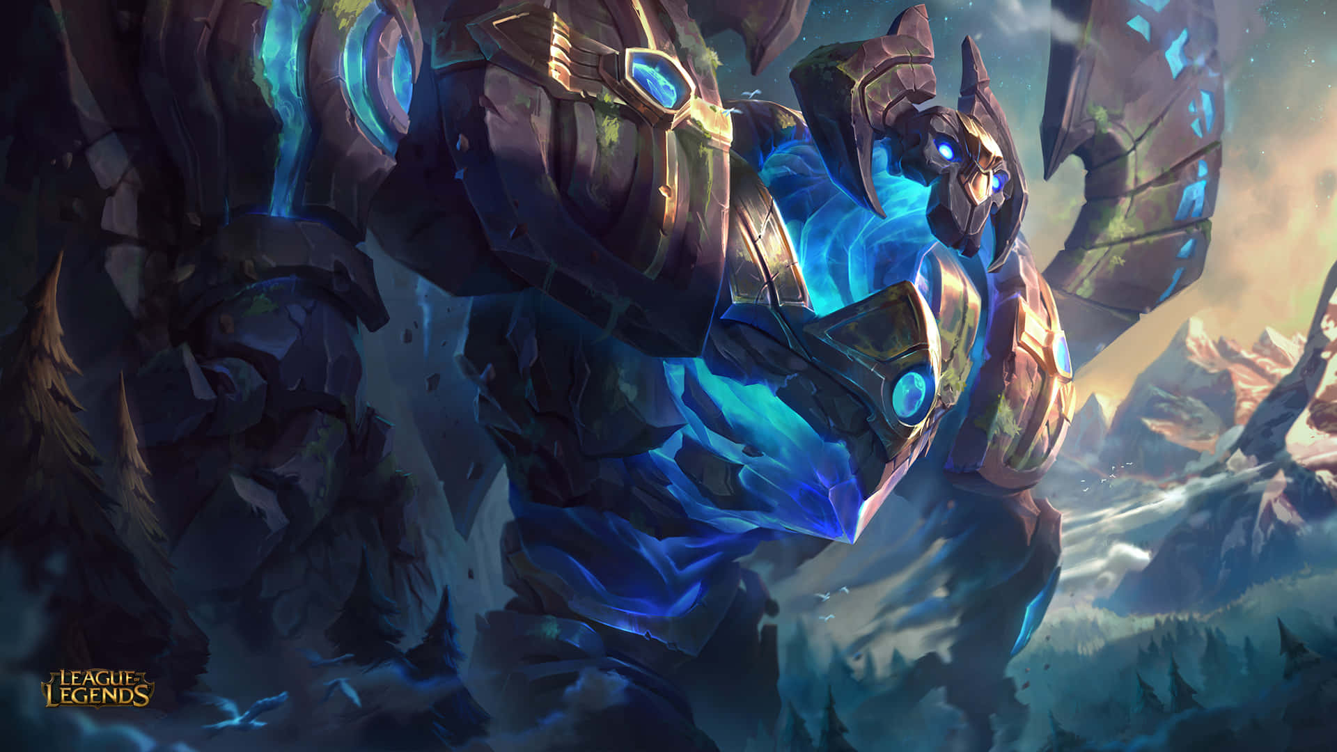 Best League Of Legends 桌布 壁紙 — 一個巨大的裝甲巨人，散發著藍色光芒的能量，站在暮色天空下的雪山景觀中。