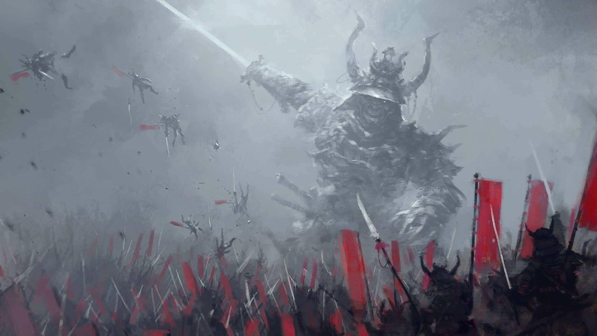 Demon Fighting 桌布 壁紙 — 一個巨大的裝甲戰士在暴風雨的灰色天空下，在揮舞著紅色旗幟的武士戰場上方揮舞著發光的劍。