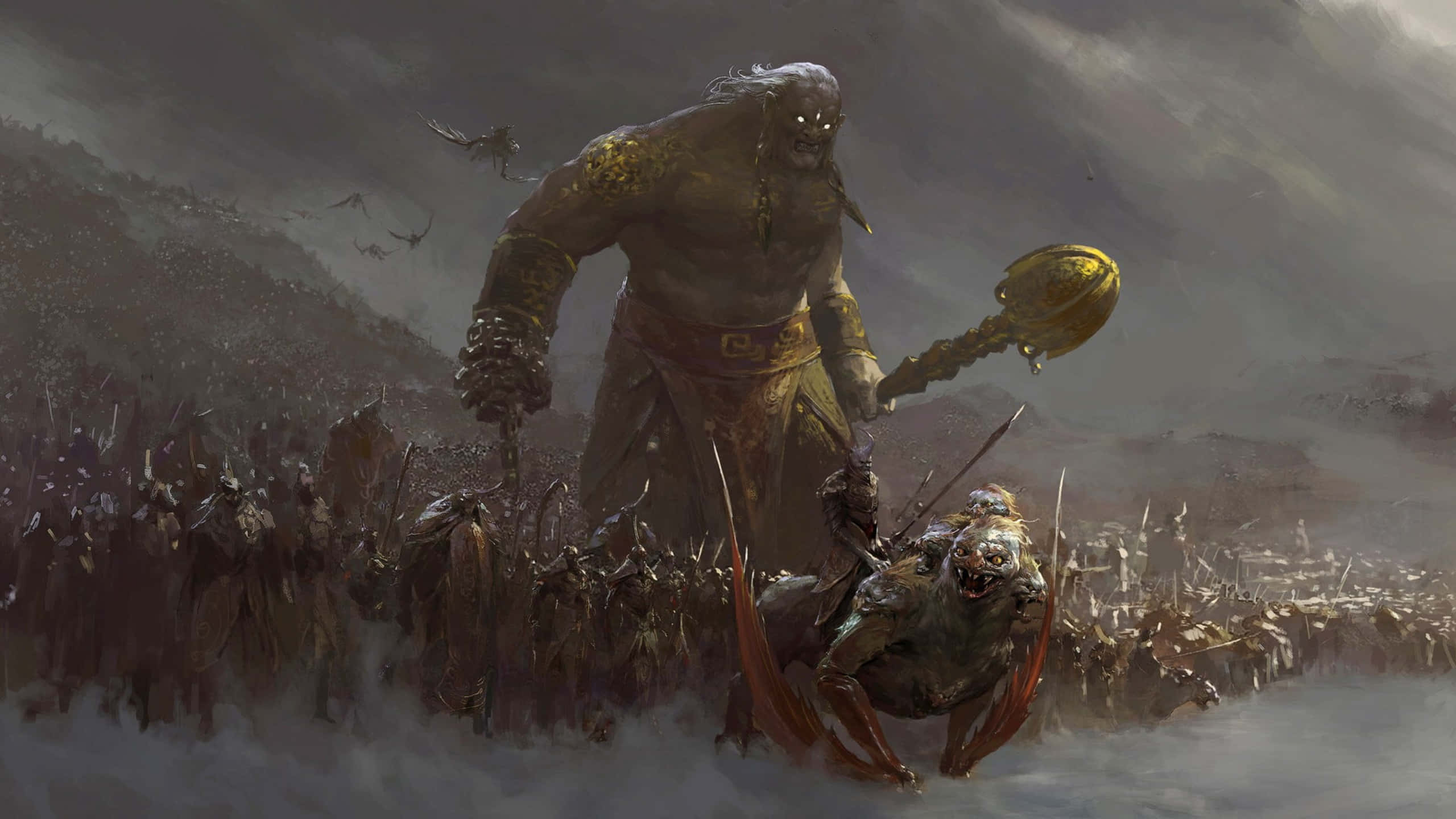 Dark Creature 桌布 壁紙 — 一個巨大的裝甲戰士在風暴天空下，於充滿士兵和帶翼野獸的戰場上揮舞著金色錘子。
