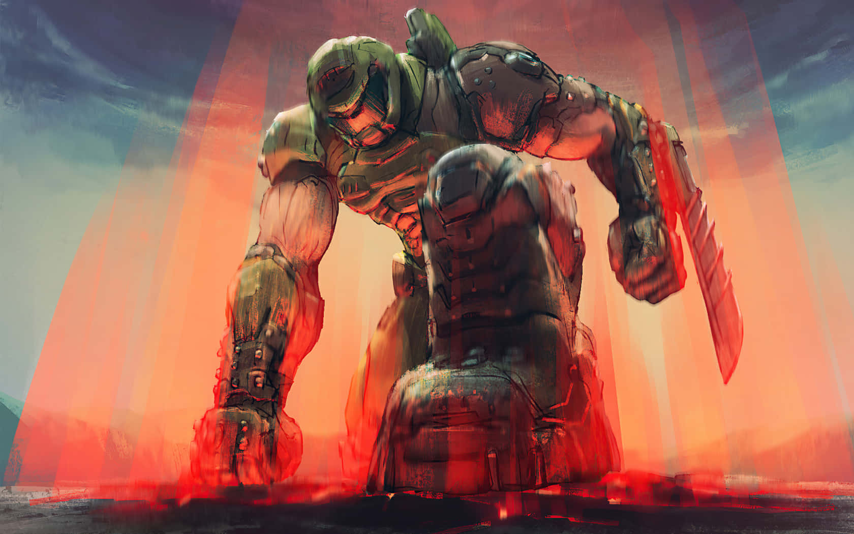 Doom Slayer 桌布 壁紙 — 一個巨大的裝甲戰士手持電鋸，向著火熱的橙色和藍色天空衝刺。