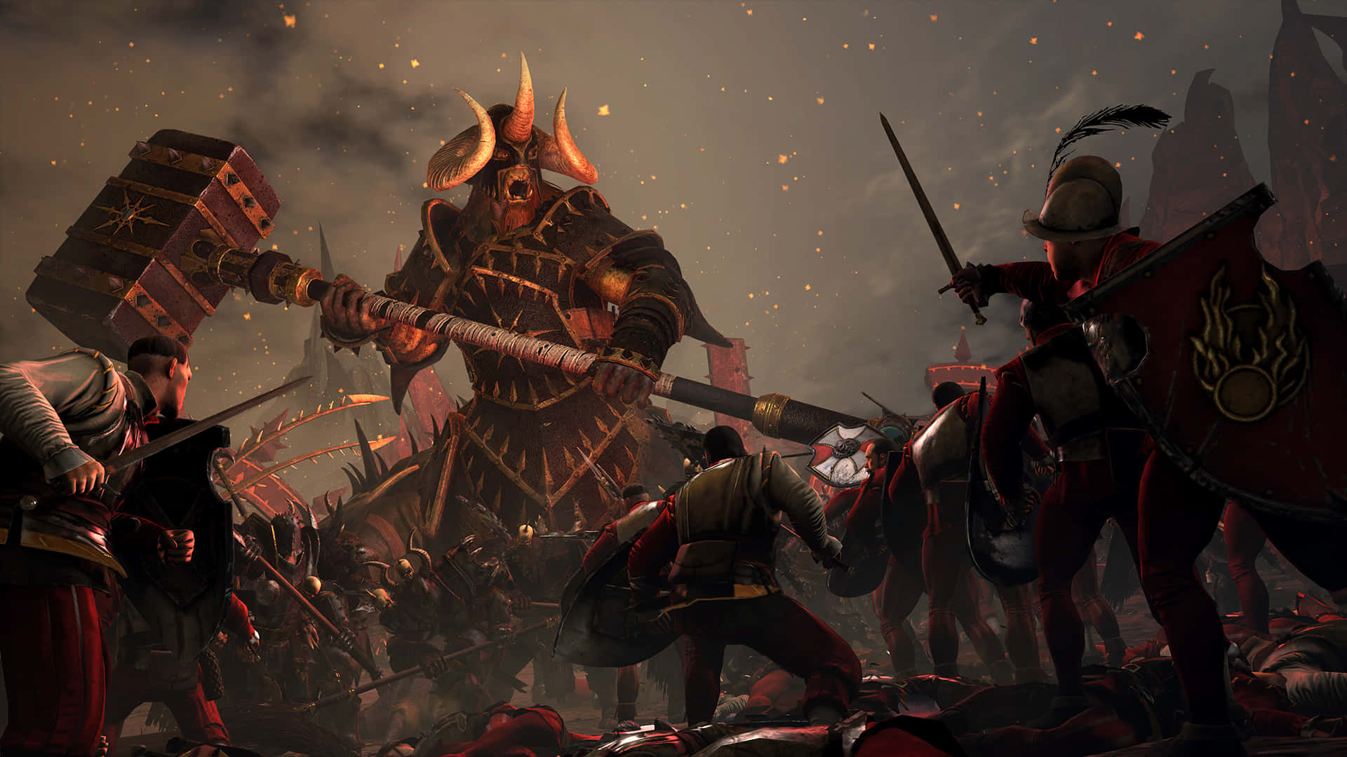 Best Total War Warhammer 桌布 壁紙 — 一個巨大的角鬥士揮舞著巨大的錘子，士兵們在煙霧瀰漫的天空下，在熾熱的戰場上激戰。