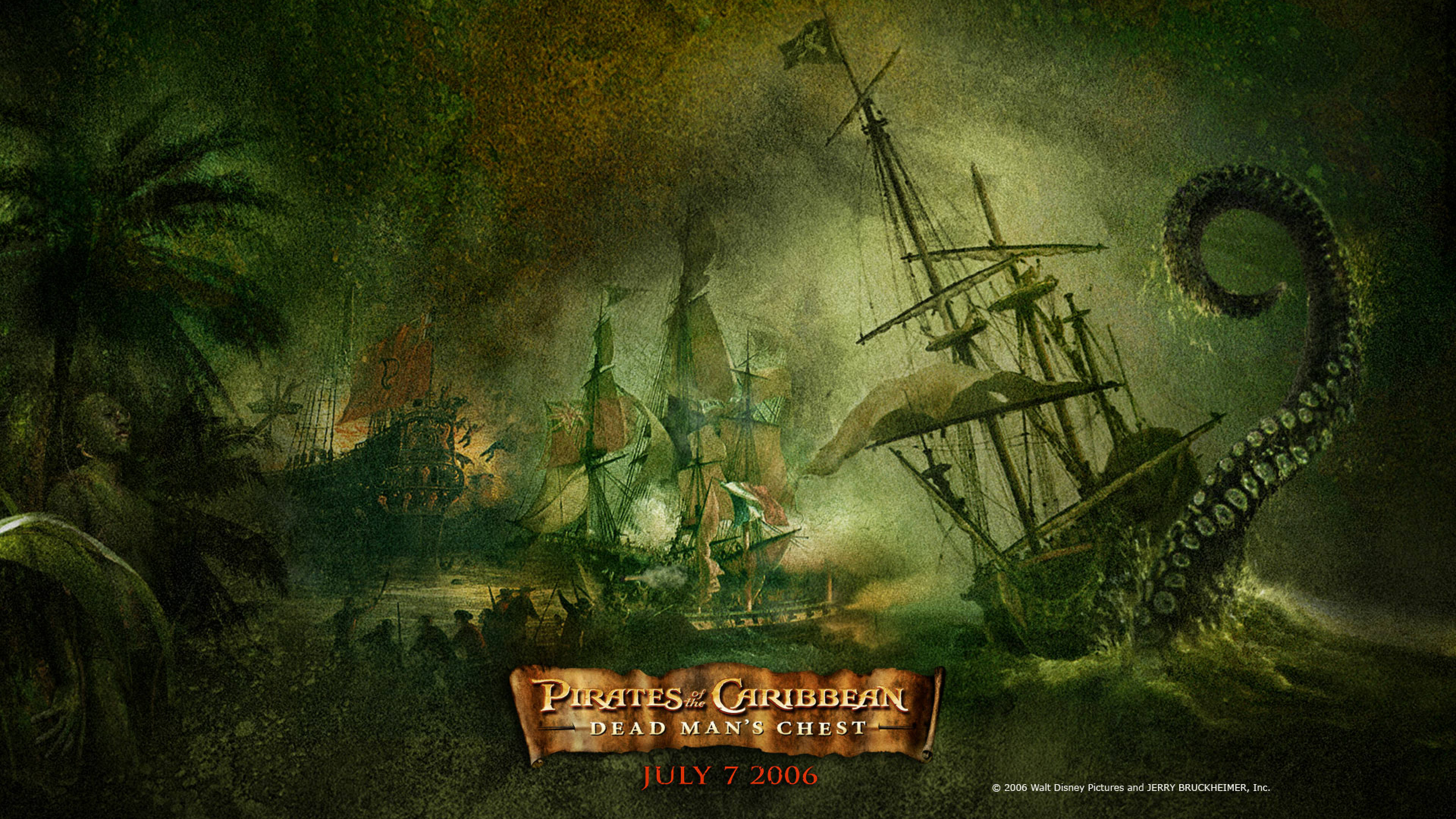 Pirates Of The Caribbean 桌布 壁紙 — 一個巨大的觸手海怪在風暴的熱帶夜晚襲擊一艘海盜船，周圍是發光的綠色海水和棕櫚樹。