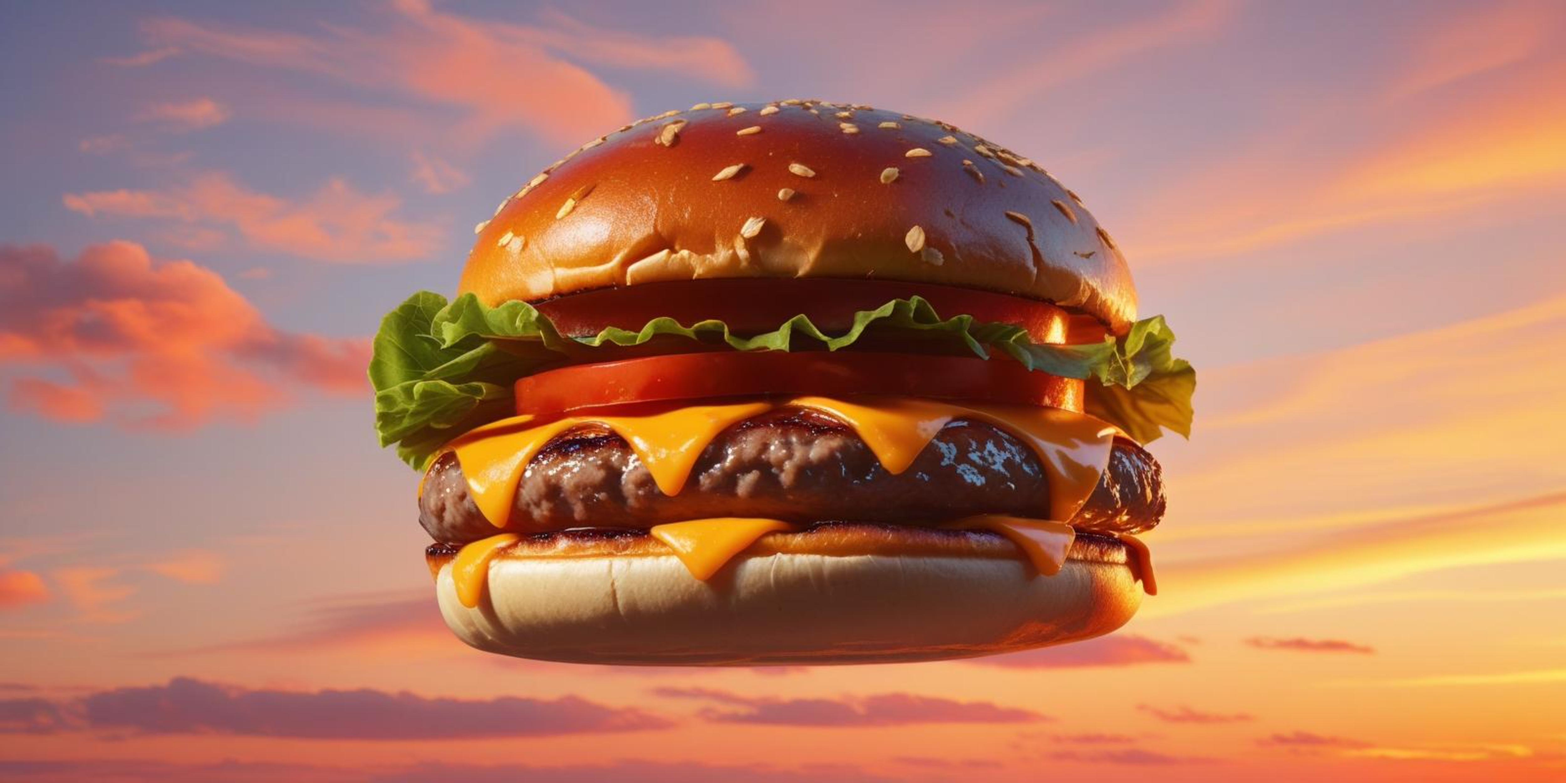 Cheeseburger 桌布 壁紙 — 一個巨大的起司漢堡，配以芝麻麵包、生菜、番茄和融化起司，漂浮在充滿活力的日落天空前。