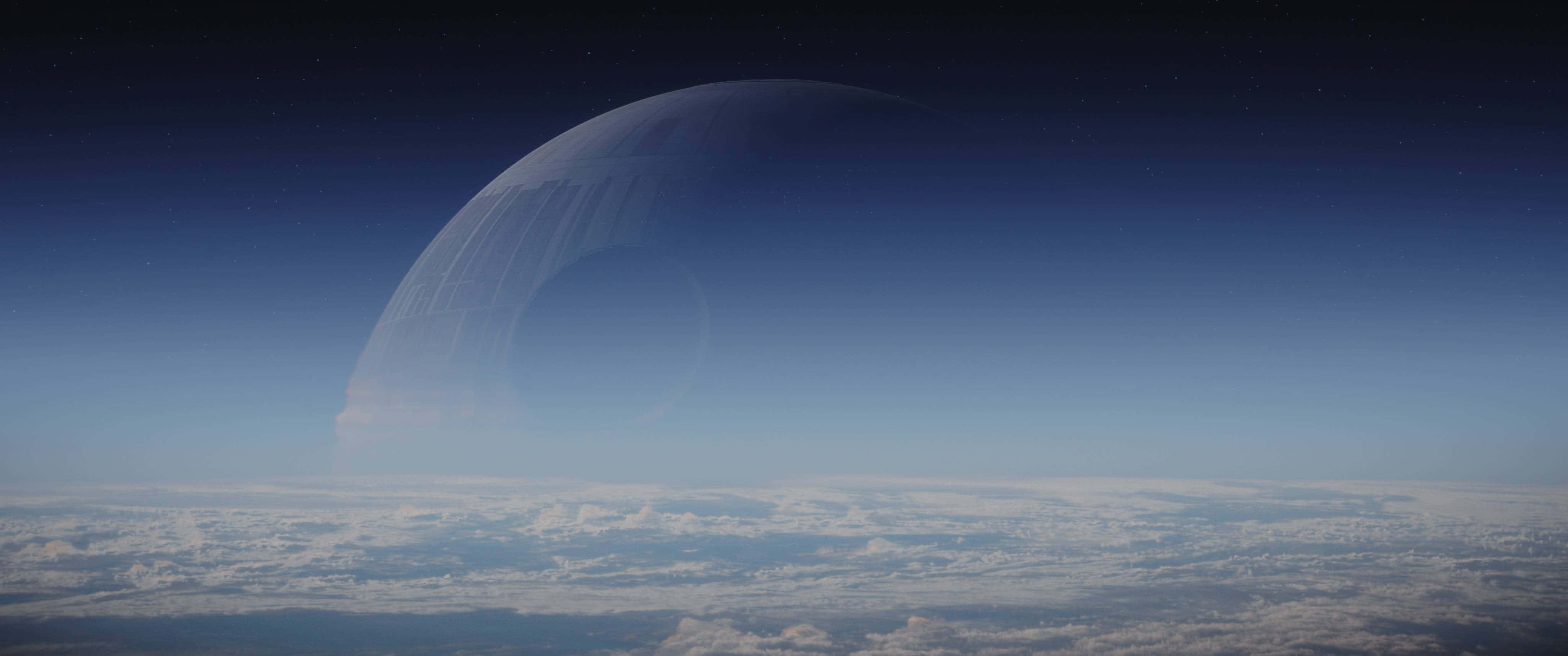Scarif 桌布 壁紙 — 一個巨大的透明圓頂懸浮在行星的雲層之上，下方是星空夜空。
