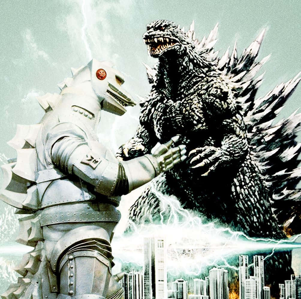 Godzilla Vs Mechagodzilla 桌布 壁紙 — 一個巨大的金屬機器人在雷暴中於城市天際線上面對咆哮的哥吉拉。