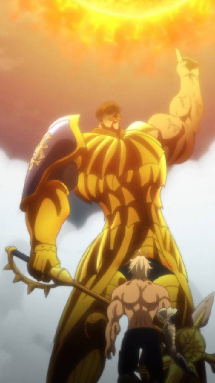 Escanor 桌布 壁紙 — 一個巨大的金色裝甲戰士聳立在一個較小的肌肉男之上，背景是熾熱的日落天空。