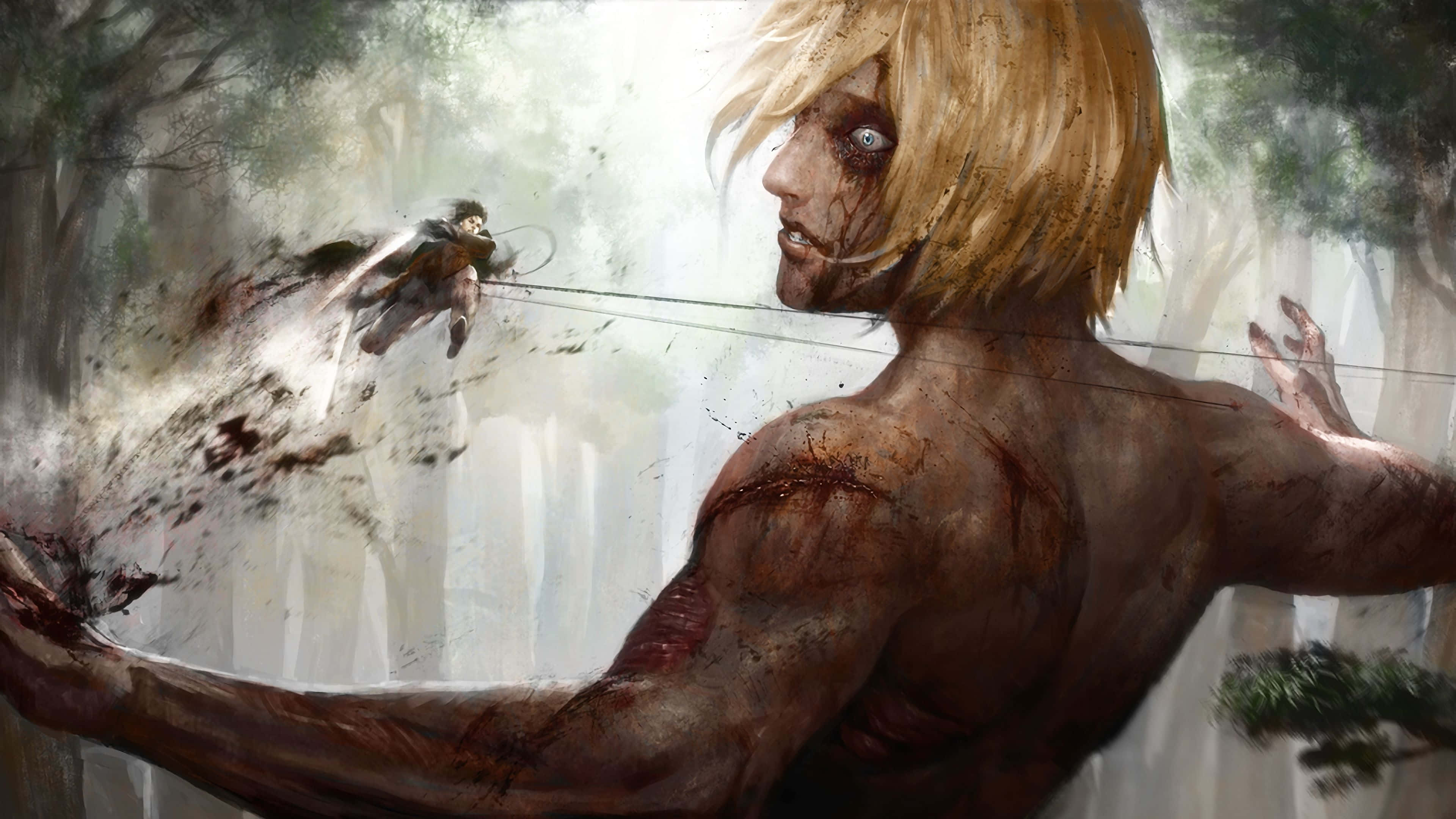 Female Titan 桌布 壁紙 — 一個巨大的金髮巨人，肌肉血淋淋，站在迷霧森林中，一個較小的身影用繩索向他盪來。