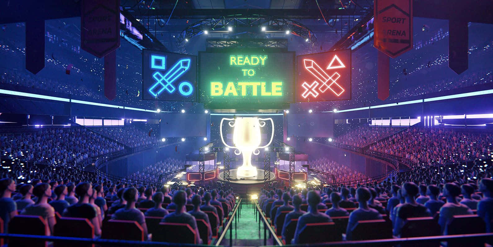 Esports 桌布 壁紙 — 一個巨大的電競場館，充滿了發光的觀眾，中央舞台展示了一個獎盃和霓虹燈光中的「READY TO BATTLE」。
