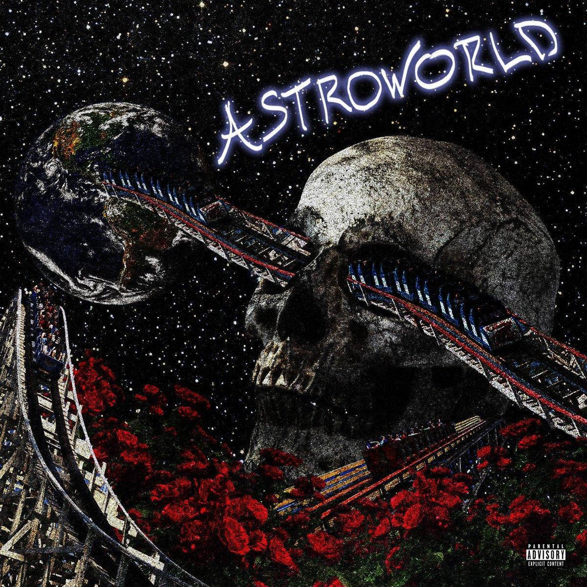 Travis Scott Astroworld 桌布 壁紙 — 一個巨大的頭骨，其眼窩和嘴巴中伸出雲霄飛車軌道，背景是星空，地球在附近，下方有紅花。