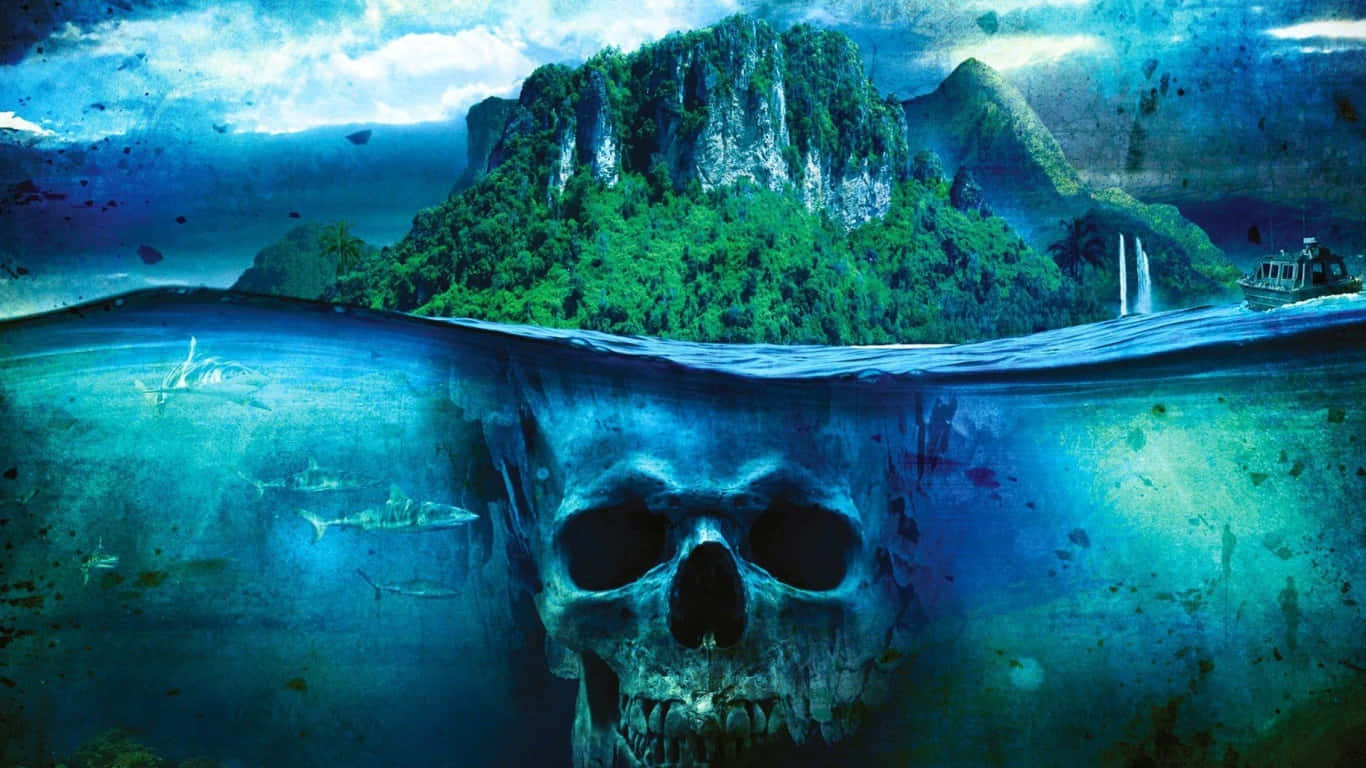 1366x768 Far Cry 3 桌布 壁紙 — 一個巨大的頭骨從深藍色的水中浮現，下方是鬱鬱蔥蔥的綠色島嶼，附近有一艘船在航行。