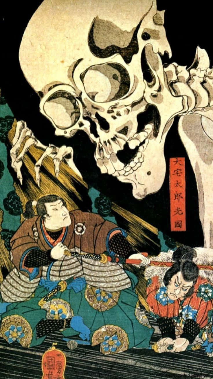 桌布 壁紙 — 一個巨大的頭骨籠罩在兩個武士之上，呈現出戲劇性的浮世繪風格木版畫。