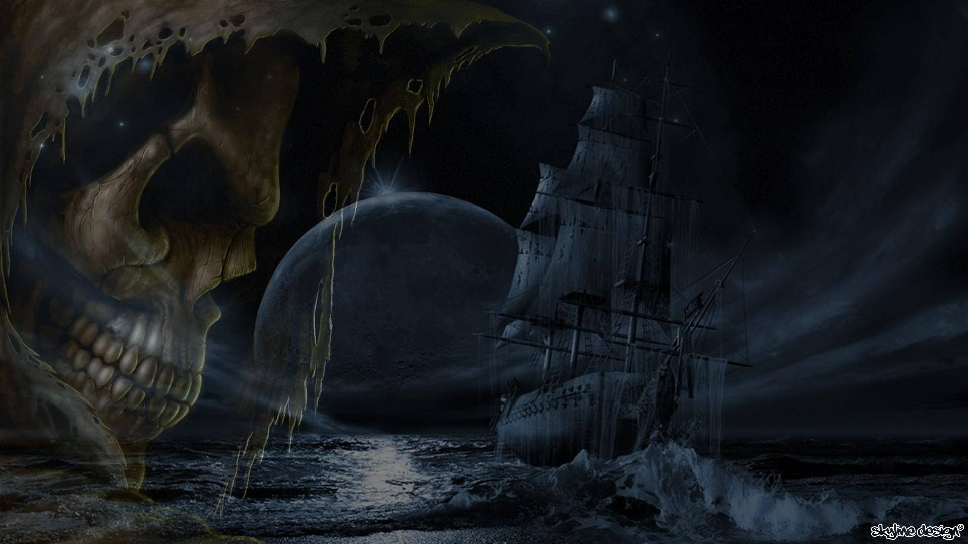 Ghost Ship 桌布 壁紙 — 一個巨大的頭骨籠罩著一艘幽靈船，在黑暗的月光下航行於波濤洶湧的大海。