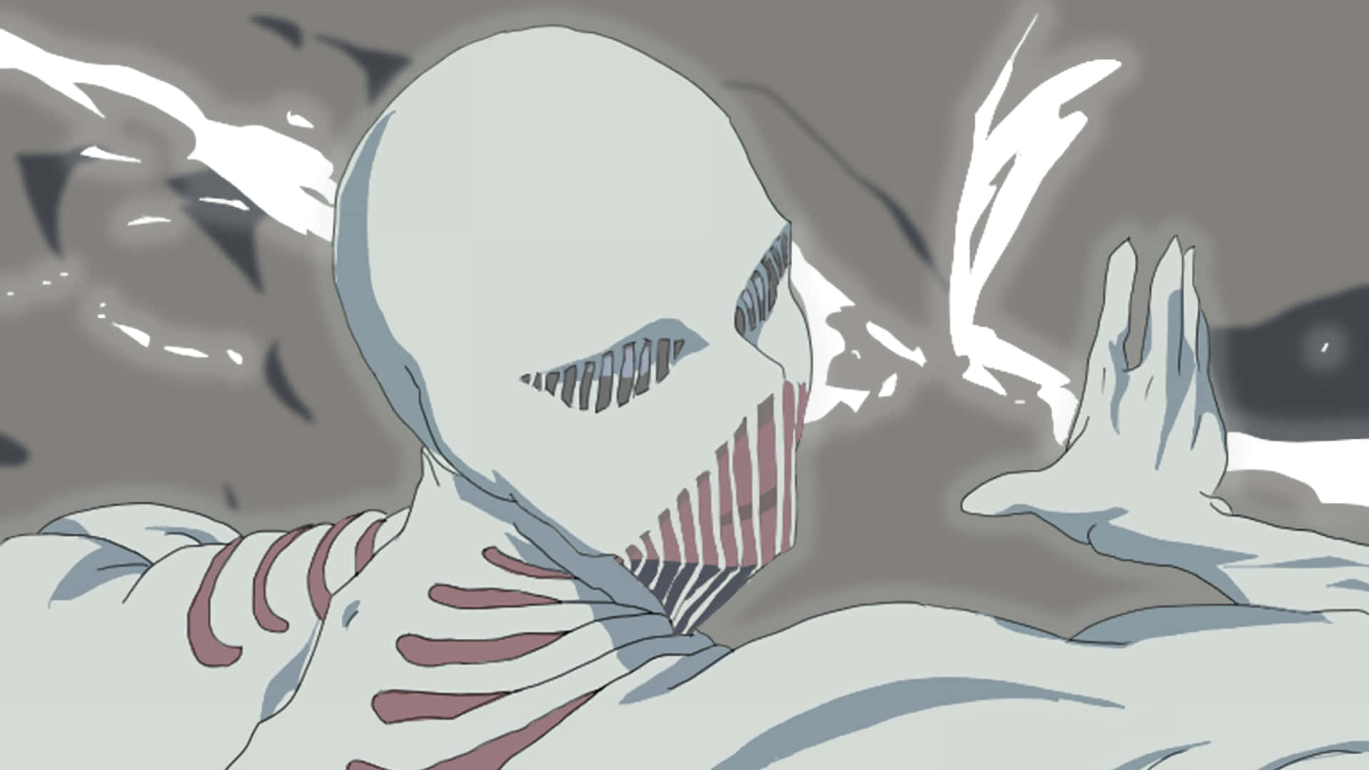 War Hammer Titan 桌布 壁紙 — 一個巨大的類人巨人，露出胸腔和尖銳的牙齒，在戲劇性的動漫場景中向前猛衝。