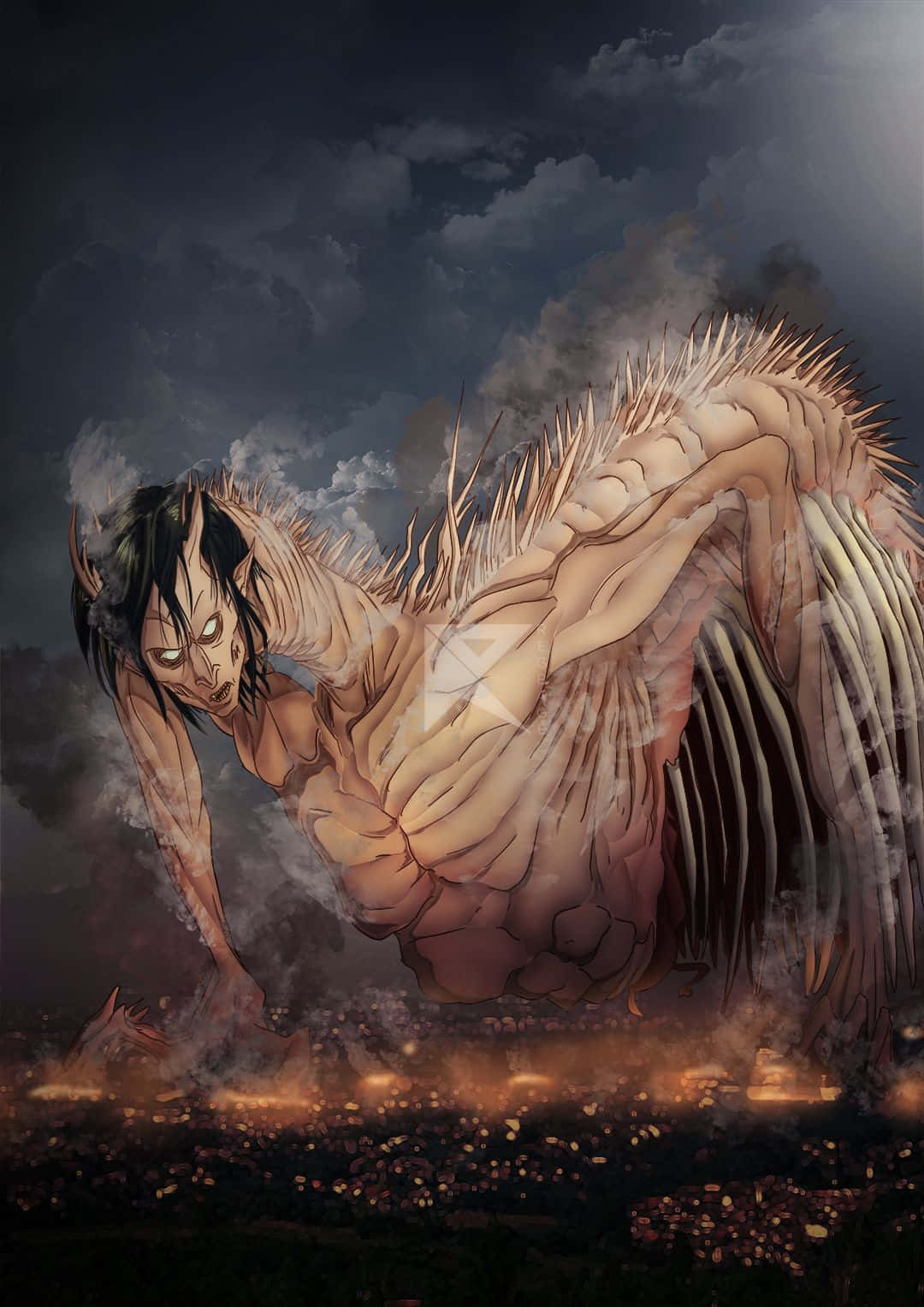 Founding Titan 桌布 壁紙 — 一個巨大的類人泰坦，背上有尖刺，眼睛發光，在暴風雨的夜空下撲向燃燒的城市。