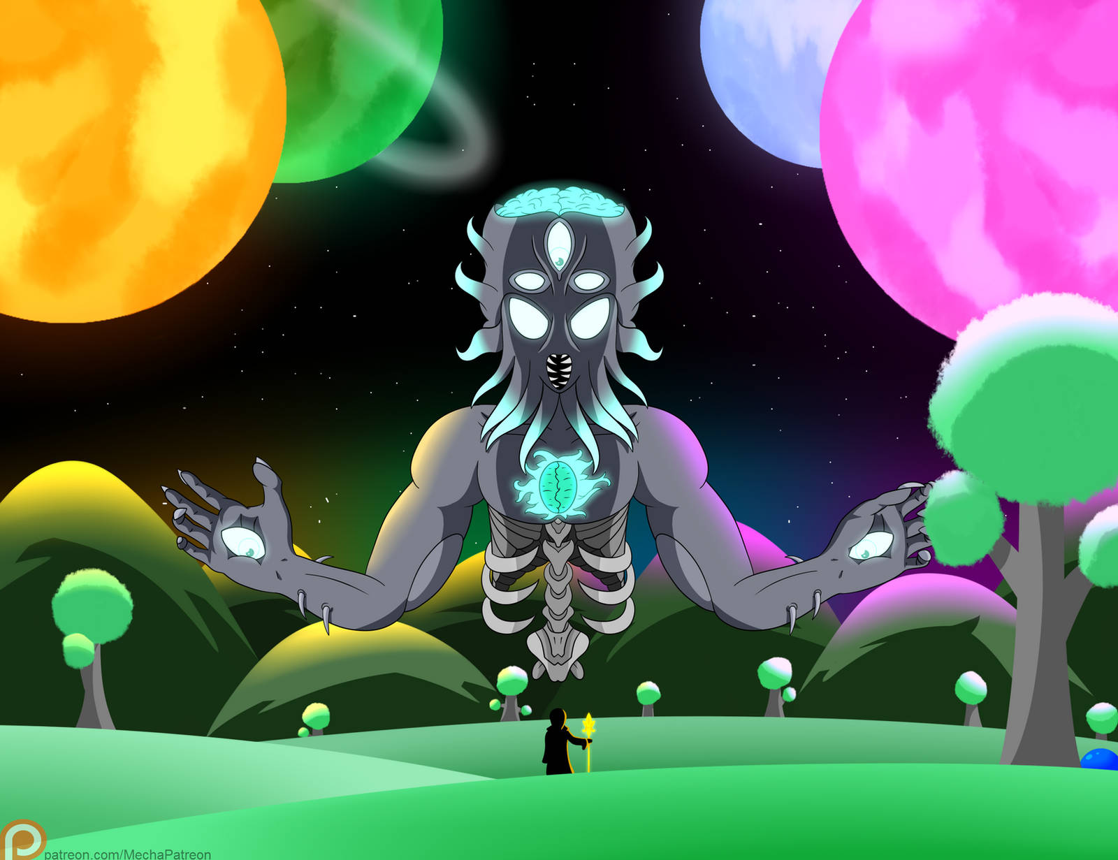 Terraria Moon Lord 桌布 壁紙 — 一個巨大的骨骼外星人，眼睛和胸部發光，站在色彩繽紛的行星下的超現實景觀中。