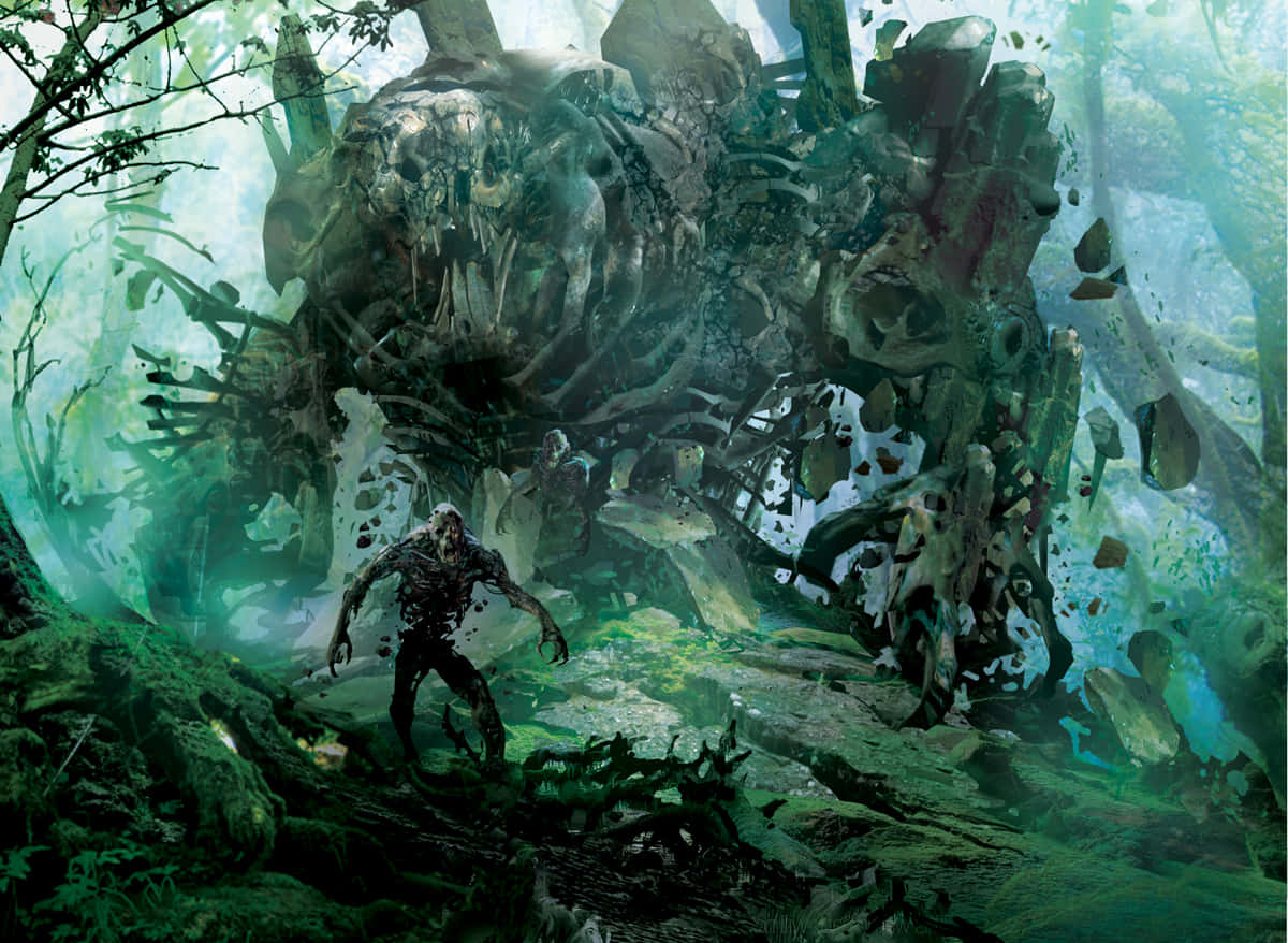 Primordial 桌布 壁紙 — 一個巨大的骷髏怪物在迷霧籠罩的綠色森林中若隱若現，一個類似殭屍的身影穿過詭異的灌木叢向前移動。