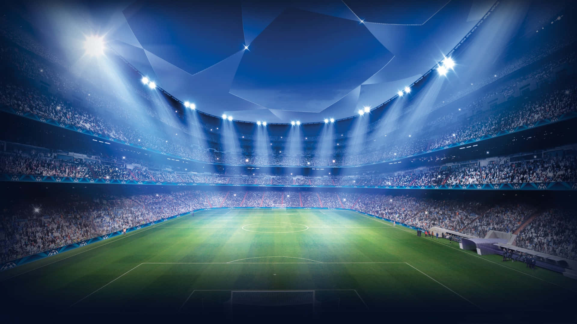 Stadium 桌布 壁紙 — 一個巨大的體育場，在明亮的聚光燈下照亮了充滿活力的綠色足球場，擠滿了歡呼的球迷。