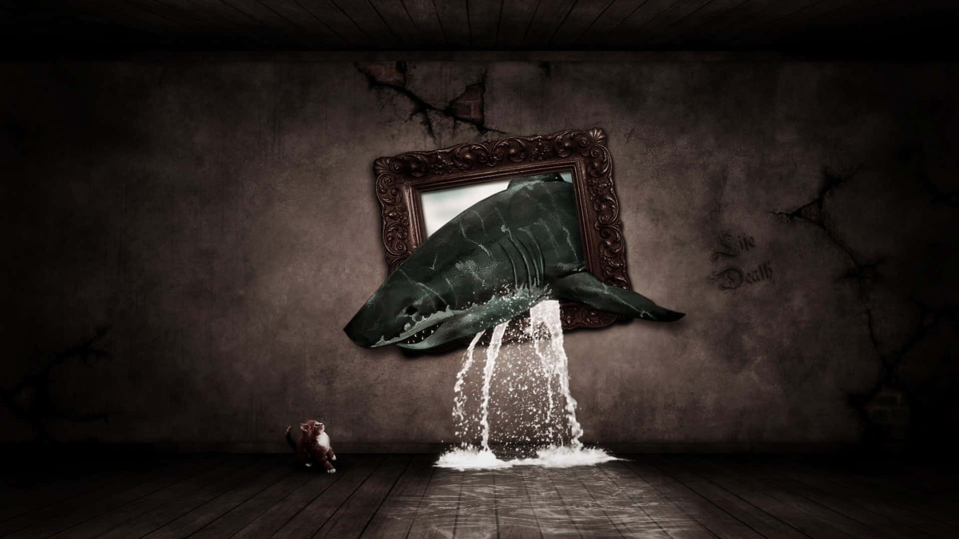 Picture Frame 桌布 壁紙 — 一個巨大的鯊魚頭穿過裂牆上暗淡的鏡子，水傾瀉到木地板上，一隻小狗蜷縮在那裡。