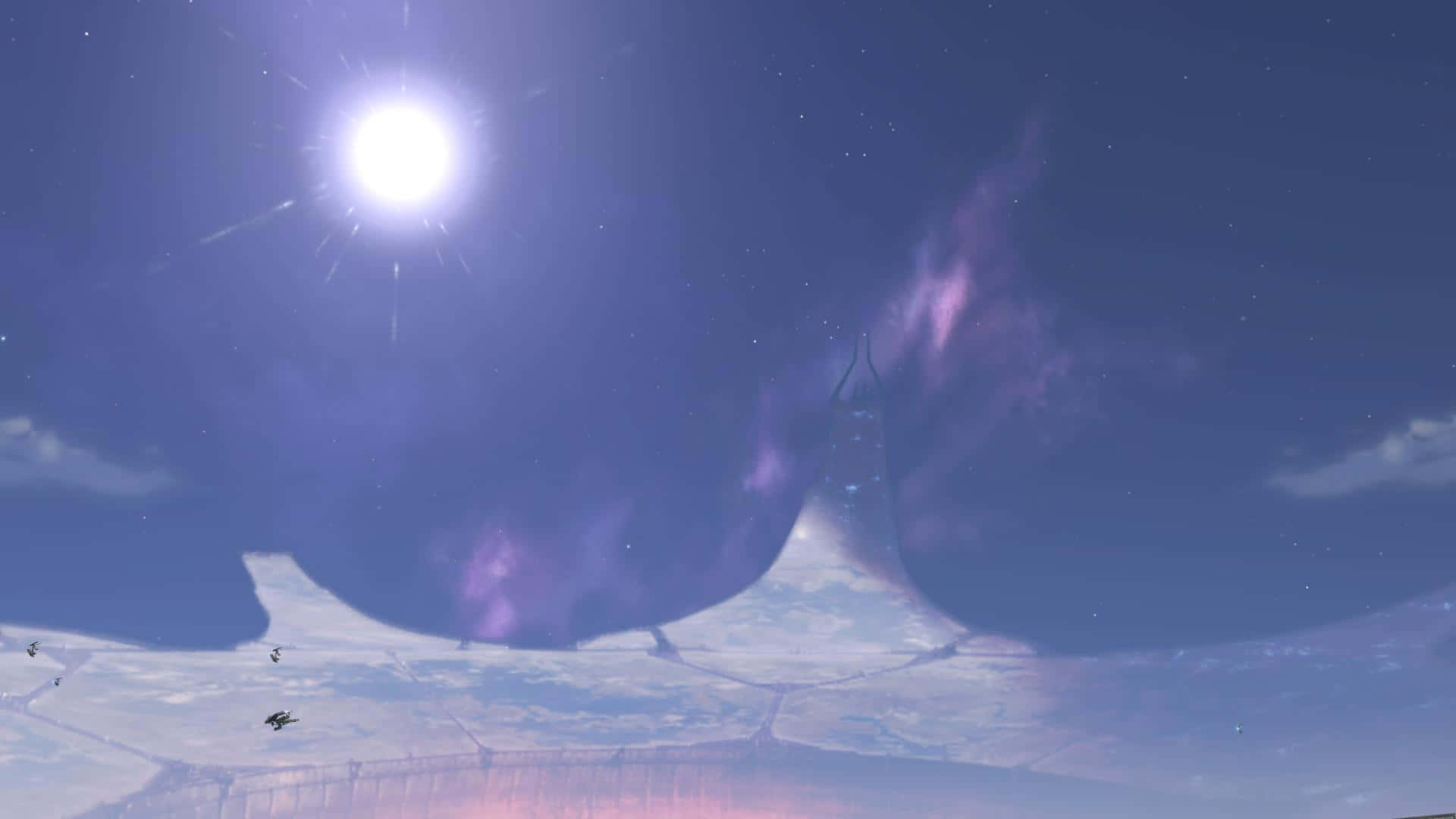 Halo Ark 桌布 壁紙 — 一個巨大的鯨魚形天體在繁星點點的紫色天空中滑行，上方有耀眼的太陽。