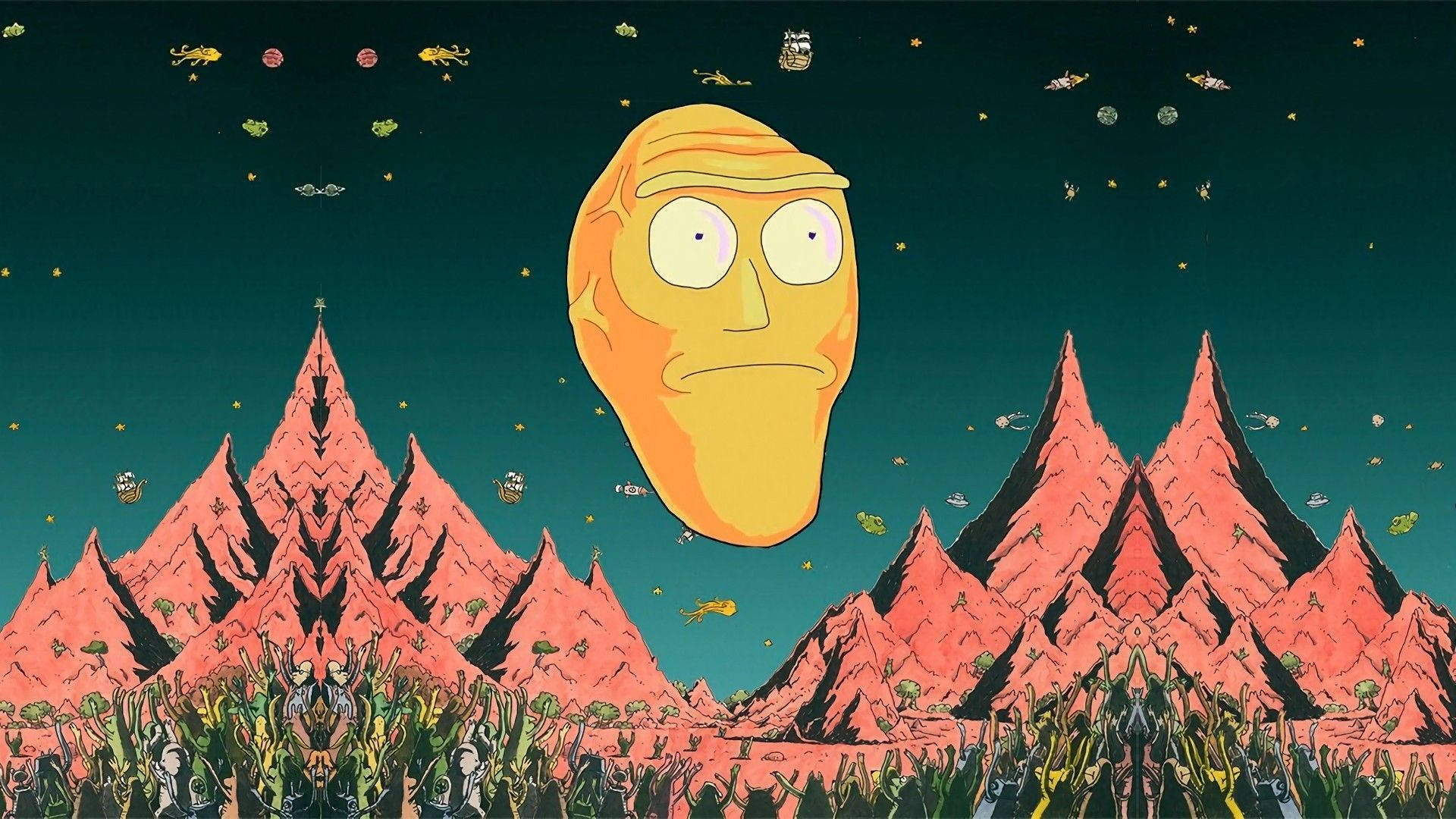 rick 桌布 壁紙 — 一個巨大的黃色面孔漂浮在粉紅色的山脈上方，而小外星生物在繁星點點的青色天空中飛翔。