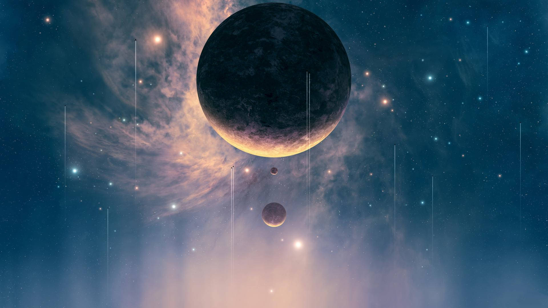 太空 桌布 壁紙 — 一個巨大的黑暗行星，帶有發光環和較小的衛星，漂浮在旋轉的宇宙雲和閃爍的星星之間。