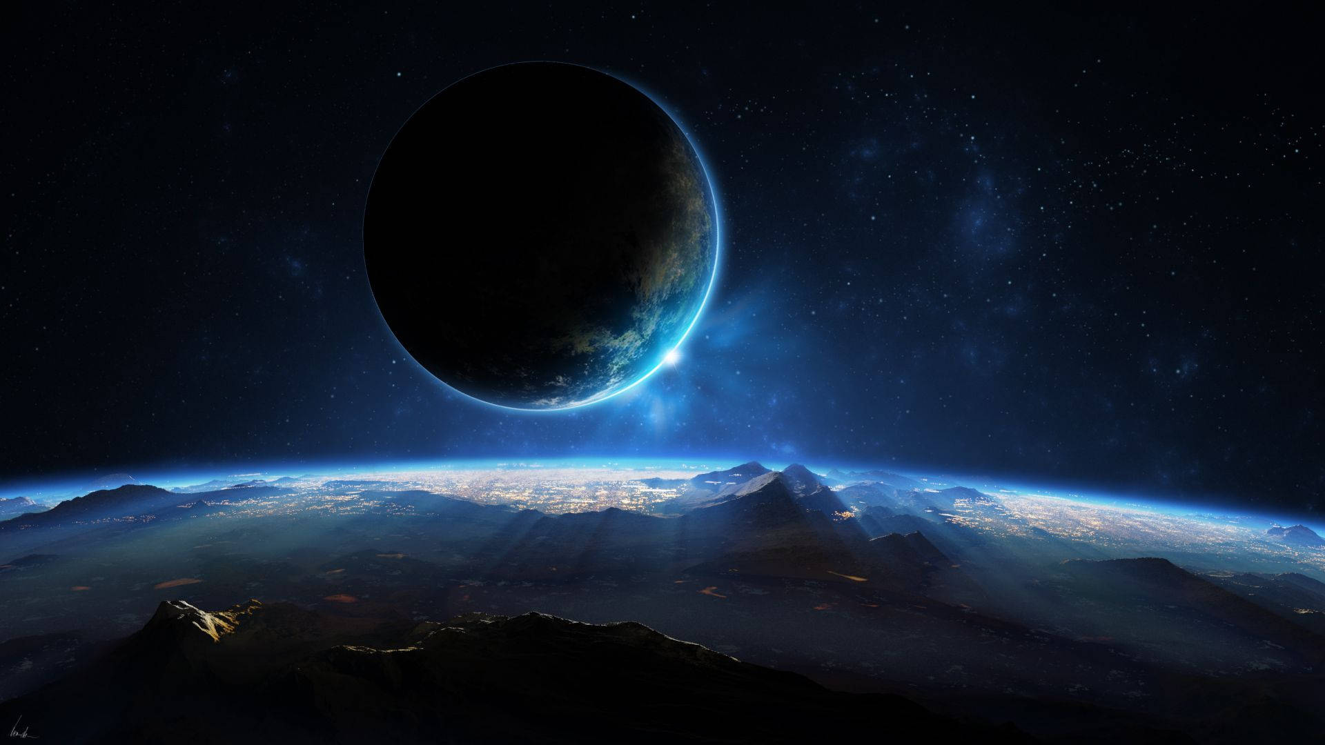 電腦 桌布 壁紙 — 一個巨大的黑暗行星籠罩在星空之上，發光的藍色極光在崎嶇的外星景觀上舞動。