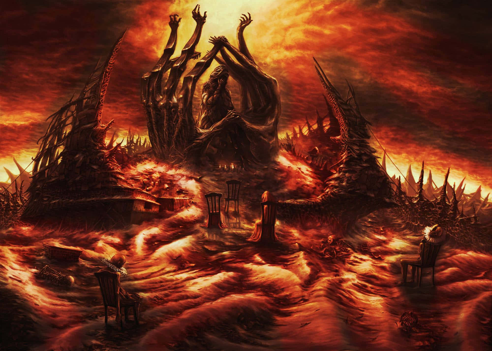 Hell 桌布 壁紙 — 一個巨大的黑暗身影舉起雙手，從血橙色天空下的火紅景觀中浮現。