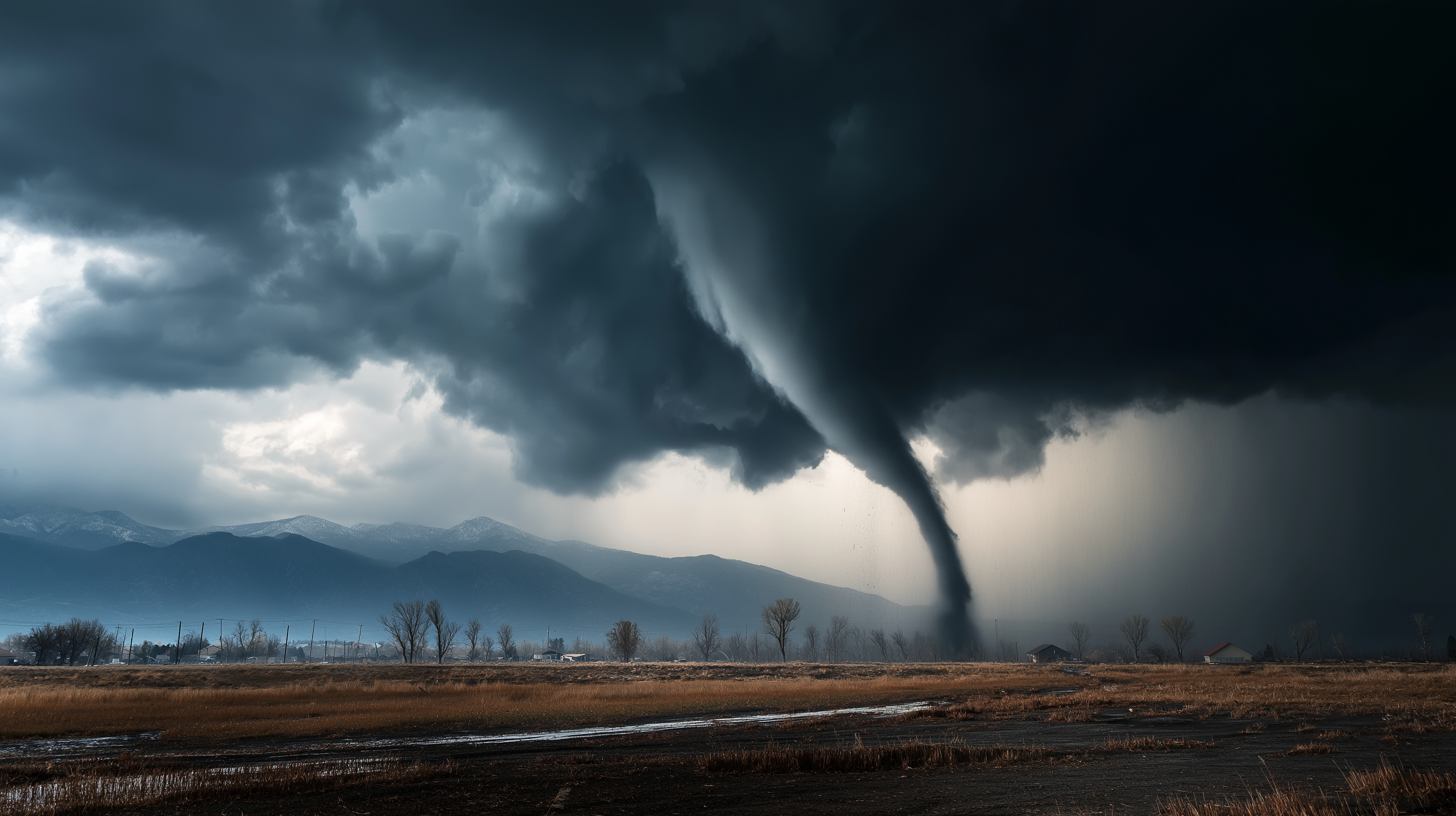 Menacing 桌布 壁紙 — 一個巨大的黑暗龍捲風從暴風雲中降臨，籠罩著一片荒蕪的田野，遠方有山脈，天空陰沉。