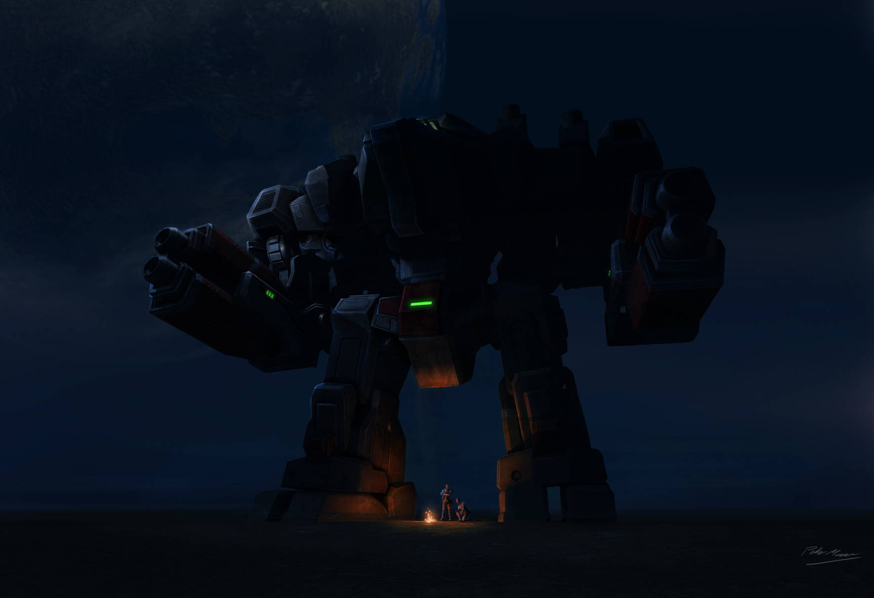 Starcraft 2 桌布 壁紙 — 一個巨大的黑色機甲，帶有發光的綠色點綴，在月光下的天空下，聳立於營火旁的小人影之上。