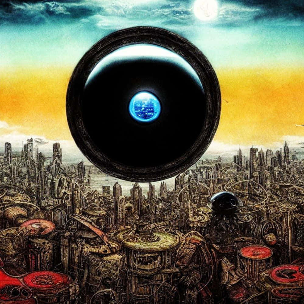 Black Hole Sun 桌布 壁紙 — 一個巨大的黑色眼睛，瞳孔是發光的藍色星球，懸浮在超現實暮色天空下廣闊的反烏托邦城市景觀之上。