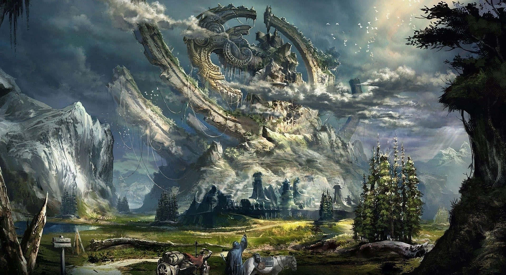 Mystical 桌布 壁紙 — 一個巨大的龍形廢墟聳立在霧氣瀰漫的山谷之上，山谷中有古樹和一個孤獨的騎馬旅人。