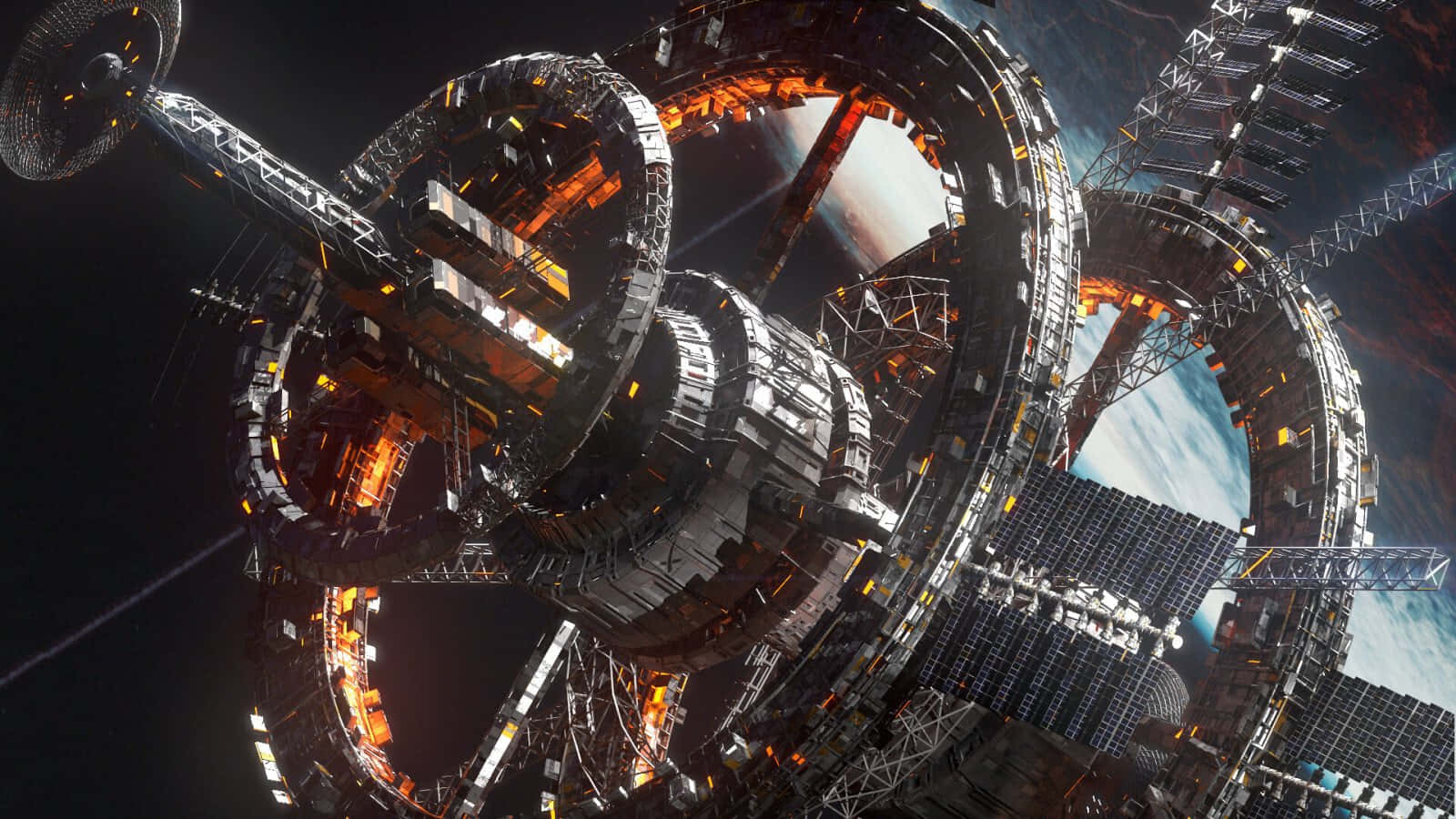 Space Station 桌布 壁紙 — 一個巨大而複雜的太空站，帶有發光的橙色燈光，在繁星點點的黑色天空中繞地球運行。