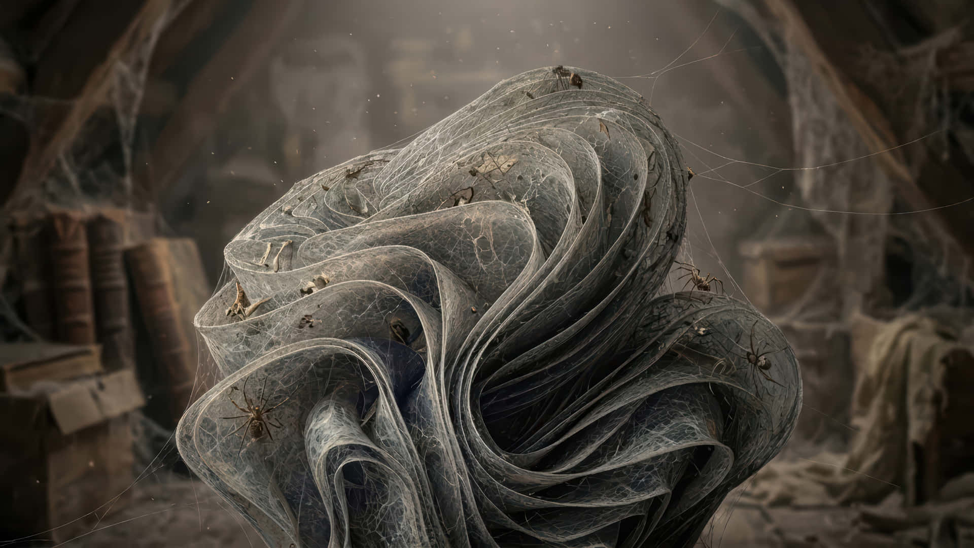 Spiderweb Bloom modded wallpaper for desktop Enhancement, 壁紙 — 一個巨大而複雜的蜘蛛網在佈滿灰塵的廢棄圖書館中盤繞，蜘蛛在其閃亮的絲線上爬行。