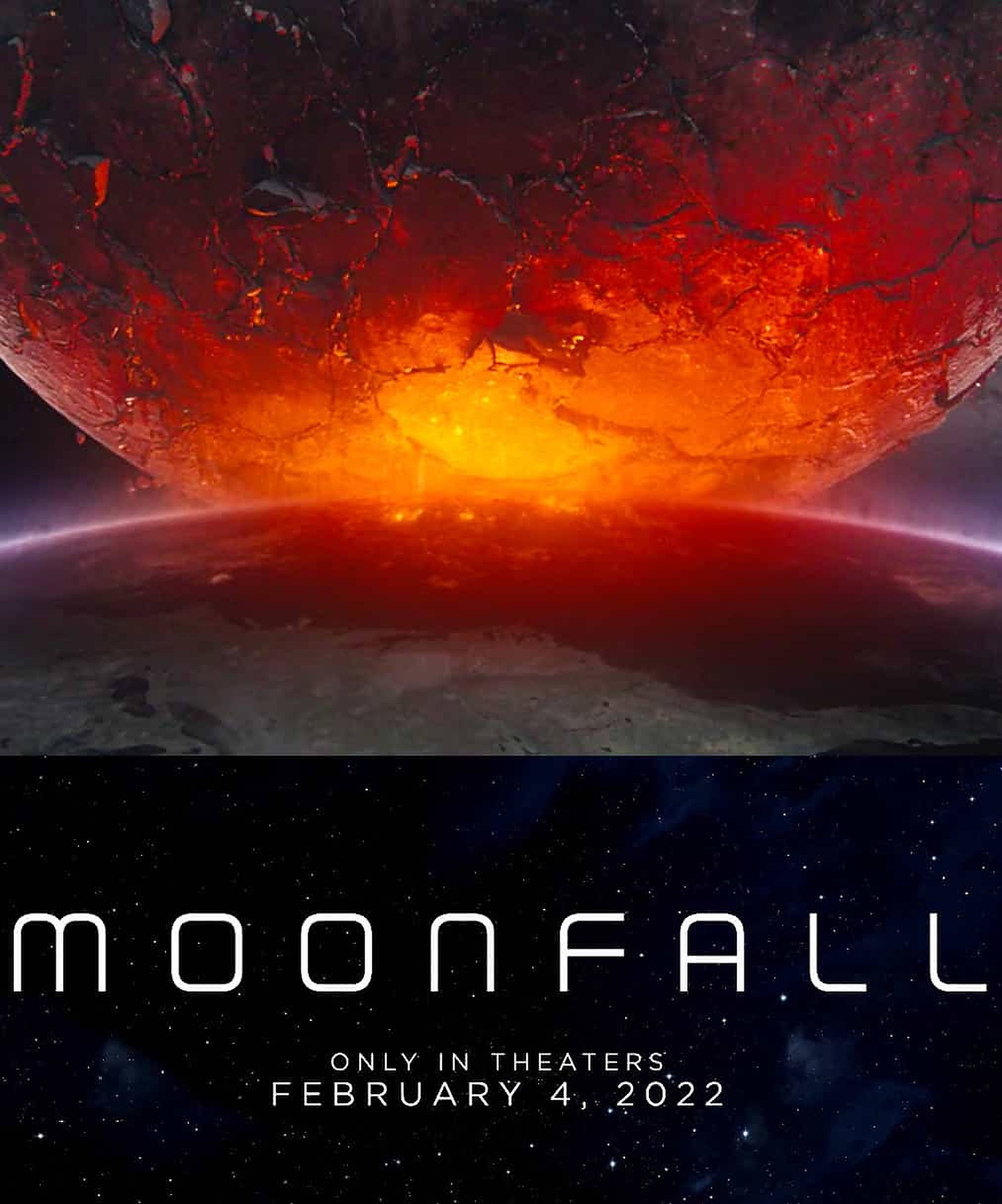 Moonfall 桌布 壁紙 — 一個巨大裂開的月亮，散發著火橙色熔岩的光芒，懸浮在行星彎曲的地平線之上，背景是繁星點點的夜空。