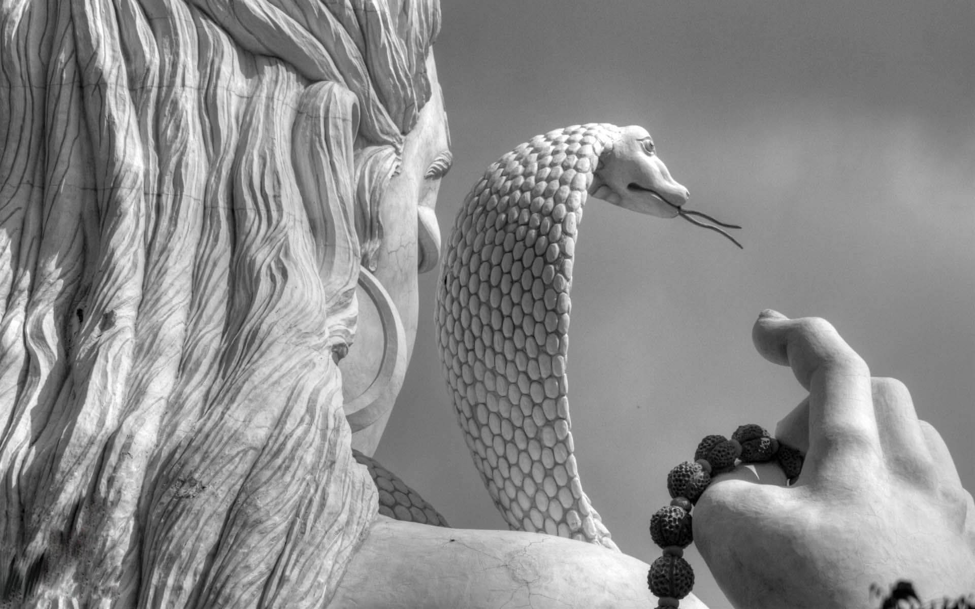 Hindu God 桌布 壁紙 — 一個巨大雕像的黑白特寫，雕像手中有一條盤繞的蛇，蛇正拿著一串玫瑰經念珠。