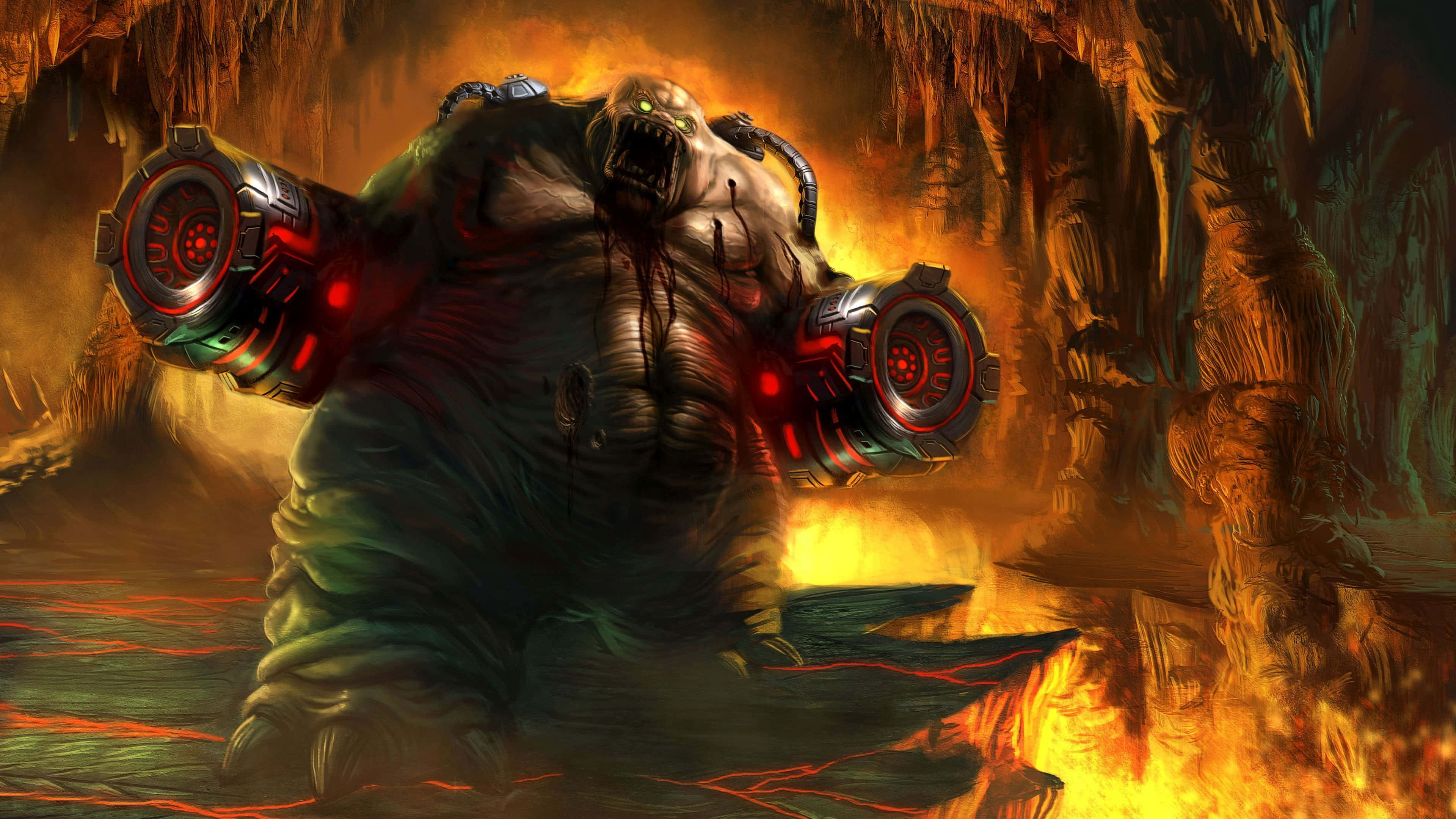 Demon Fighting 桌布 壁紙 — 一個巨大駭人的怪物，擁有發光的紅色眼睛和機械手臂，站在一個火焰洞穴中，滴著鮮血，散發著威脅。